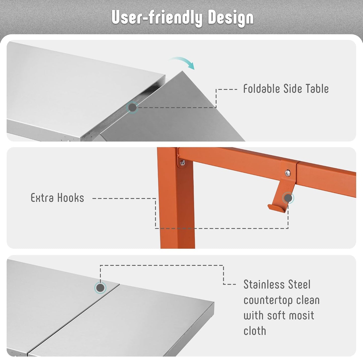 Outdoor Grill Table, 40’’x20’’ Movable Pizza Oven Stand for Outdoor BBQ Food Prep, Stainless Steel Countertop Grill Cart with Storage Shelf & Foldable Extension Table, 6 Extra Hooks