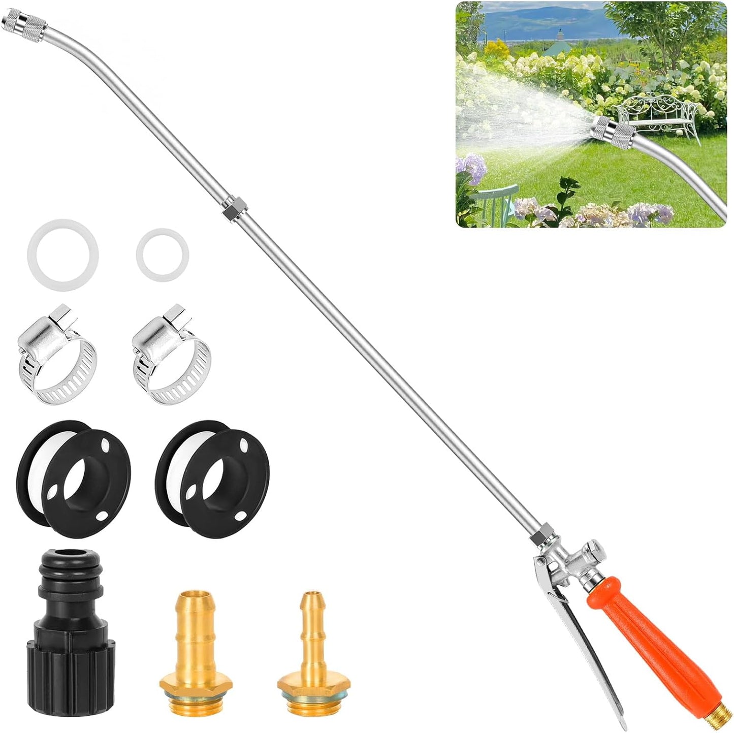 36" All Metal Replacement Sprayer Wand, Suitable for 1/2" Hose Quick Connector, 1/4" & 3/8" & 1/2" Brass Barb Spray Wand, Built-in Shut Valve Stainless Steel Spray Wand
