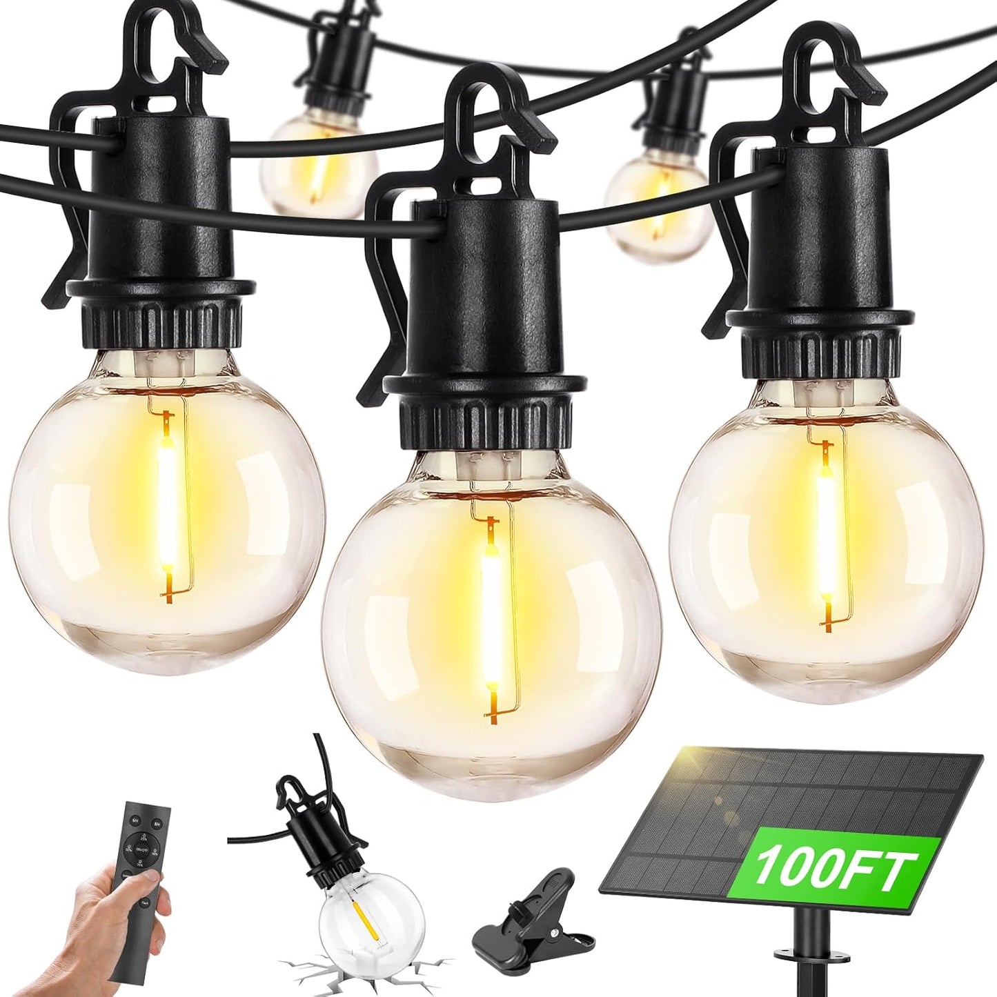 100FT Solar Lights Outdoor String Lights Waterproof G40 Patio lights Solar Powered with Remote USB Port 30+2 LED Shatterproof Bulbs 3 Light Modes, Dimmable Solar Lights for Camping for Porch Backyard