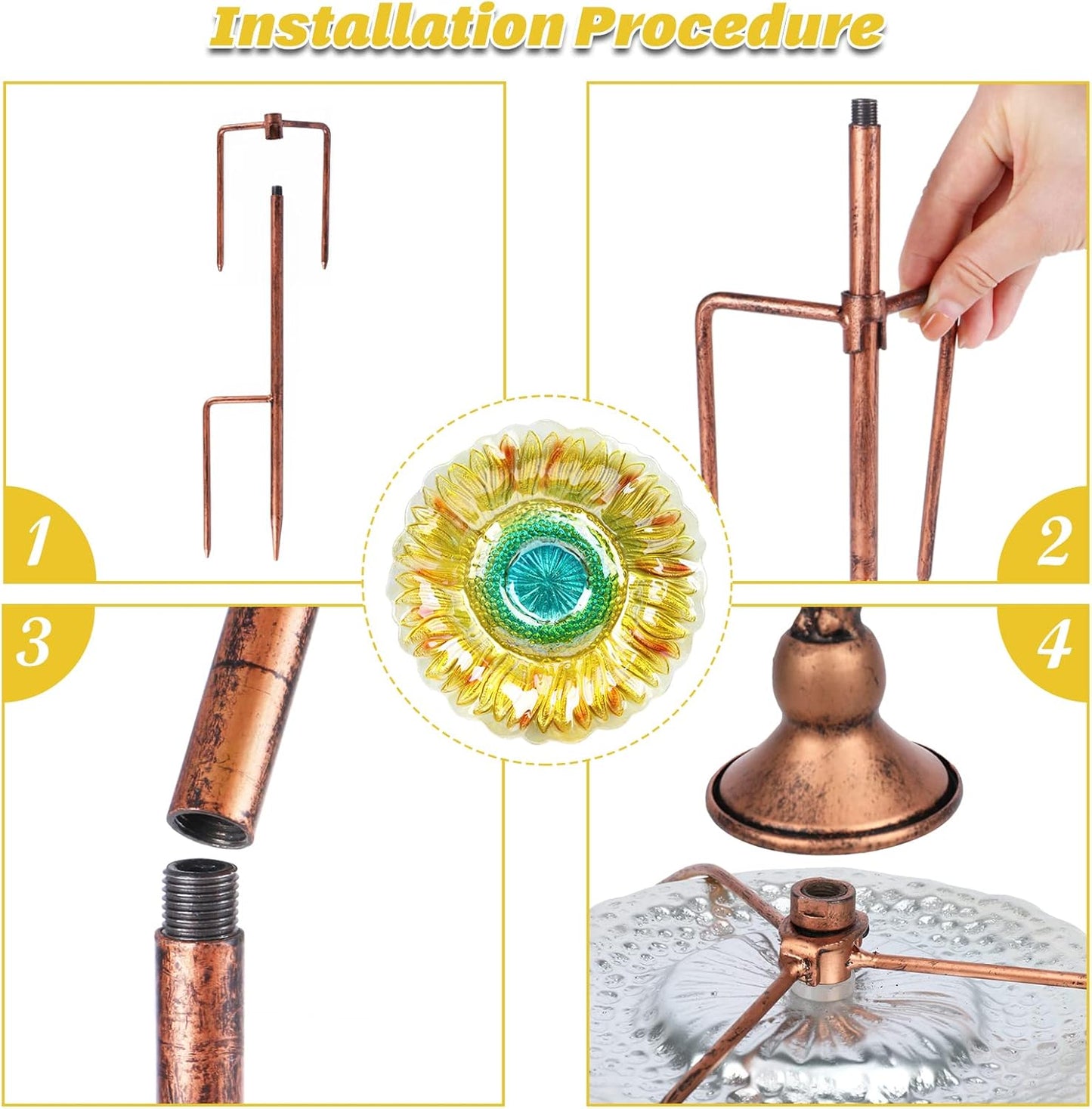 MUMTOP Bird Baths for Outdoors,Outdoor Bird Bath, Glass Birdbath Sunflower Bird Feeders Bowl with Stake for Garden Yard Decor (Yellow)