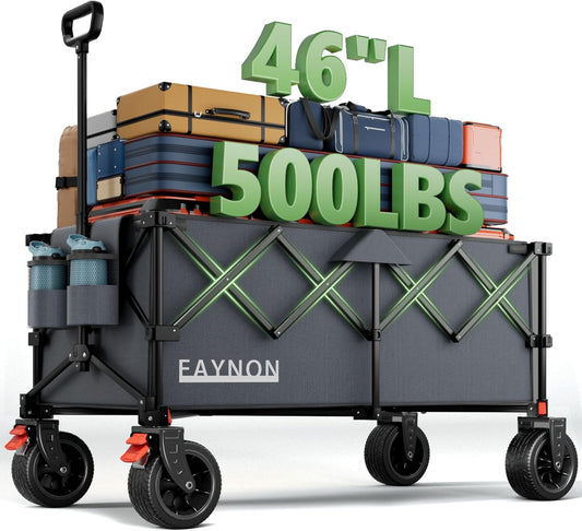 46" L Collapsible Foldable Extended Wagon, 500LB Weight Capacity with 280L Heavy Duty Folding Cart,Utility Wagon with All-Terrain Beach Wheel & Drink Holders,Gray