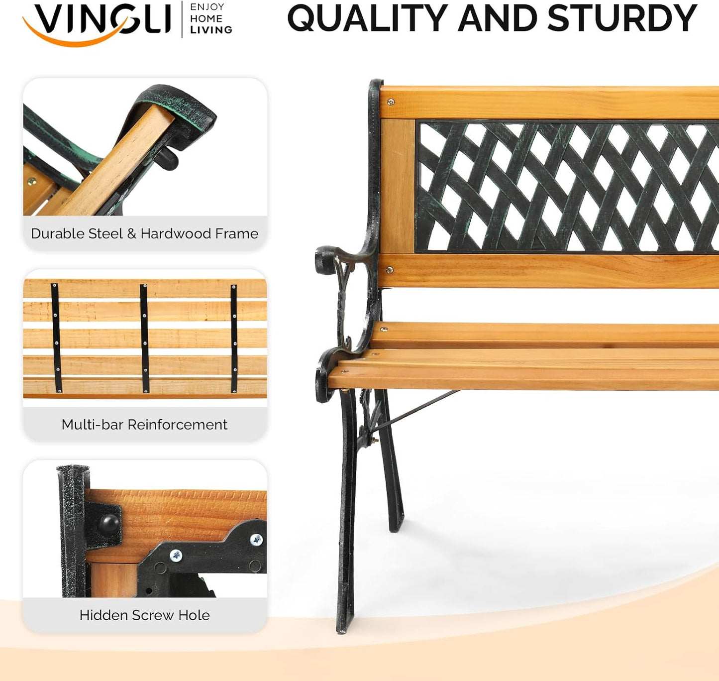 VINGLI Outdoor Bench Metal Garden Bench, Wood Patio Benches w/PVC Backrest Cast Iron Love Seat Park Benches for Porch Yard (Diamond)