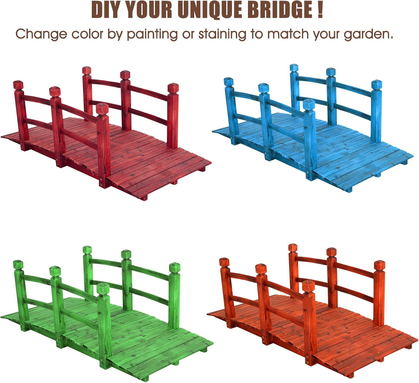 Giantex 5 FT Wooden Garden Bridge, Stained Wood Arc Footbridge with Railings, 400 lbs Capacity, Decorative Pond Bridge for Outdoor Garden Yard Backyard Creek Farm (Brown)