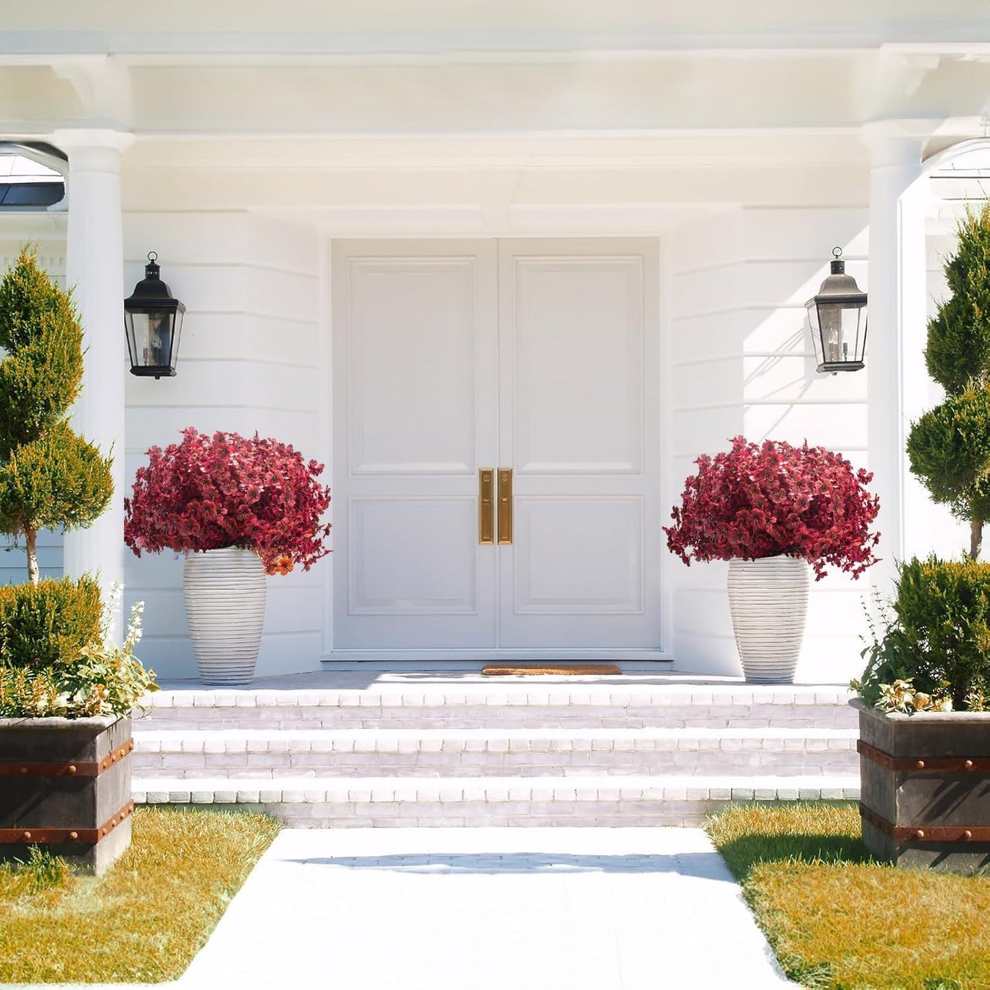 16 Bundles Artificial Boxwood Flowers Outdoor UV Resistant, 13.5" Fall Faux Greenery for Porch Planters Thanksgiving Decor - Fake Plants for Garden, Fireplace, Front Door(Wine Red)