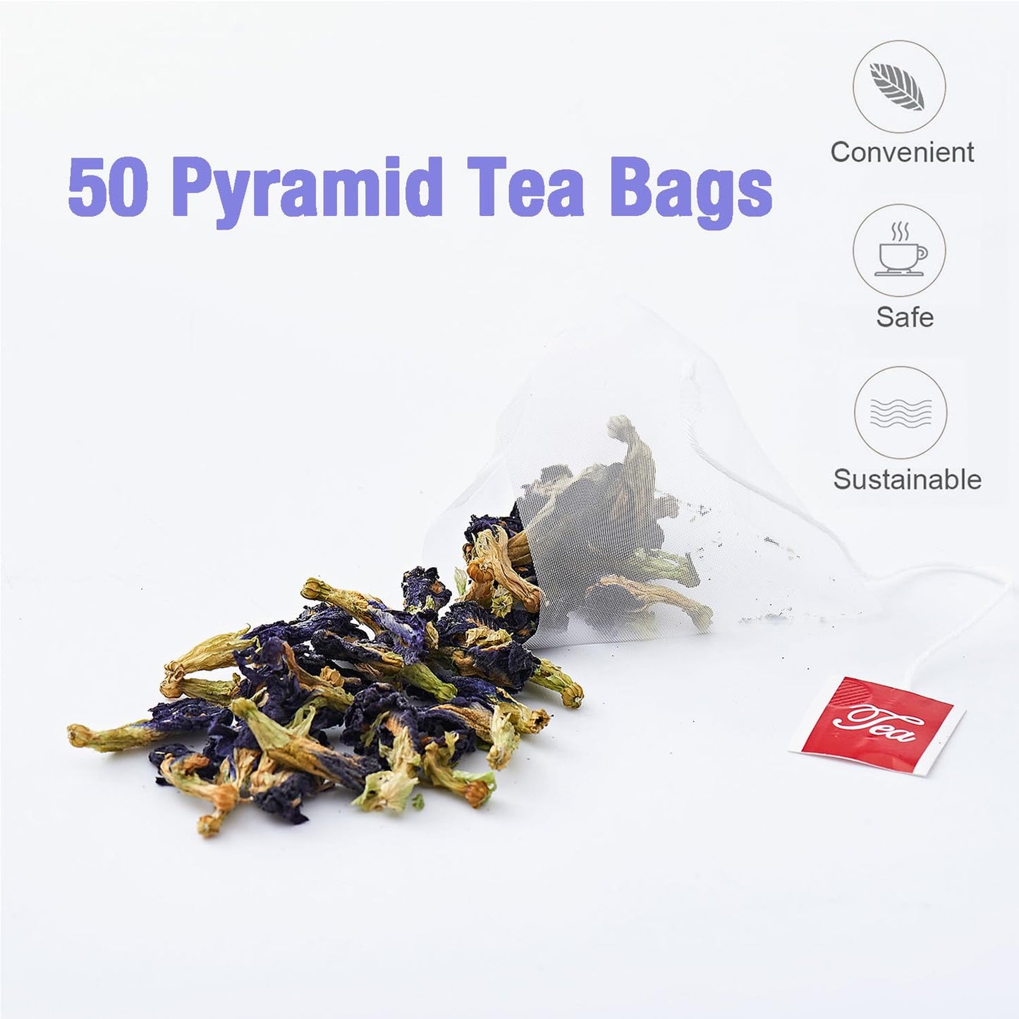 50 Dried Blue Butterfly Pea Flower Tea Bags | Thai Herbal Tea | Blue Purple Pea Tea | Caffeine-Free, Gluten-Free, Non-GMO | Ideal for Cooking, Iced Tea, Coolers, Cocktails and Mocktails