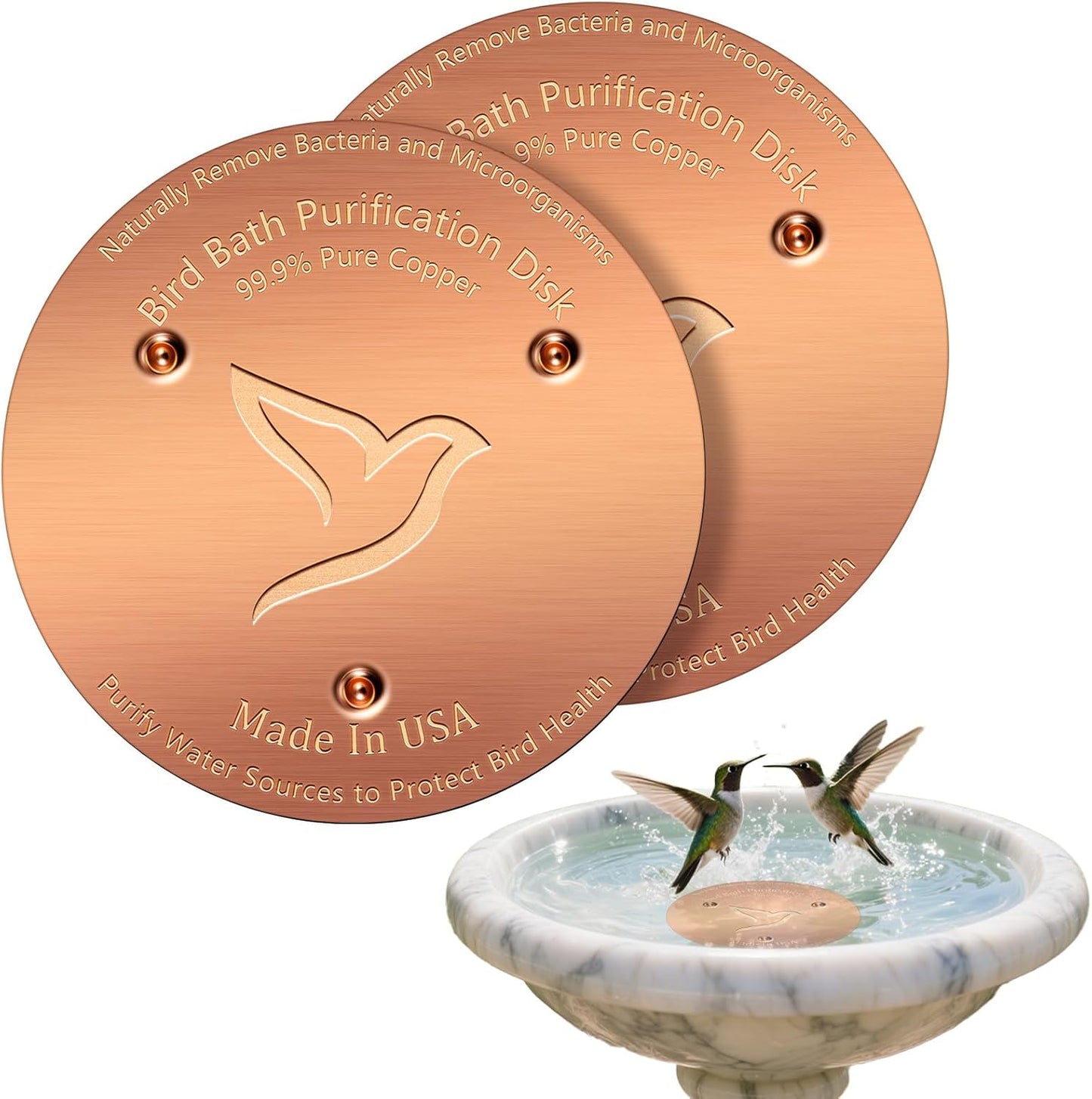 2PCS Bird Bath Copper Disk,1mm Thick Reinforced 99.99% Pure Copper Disc with Triple-Point Support,Bird Bath Accessories for Outside Birdbaths Bowls Physical Safe Water Cleaner for All-Season Use