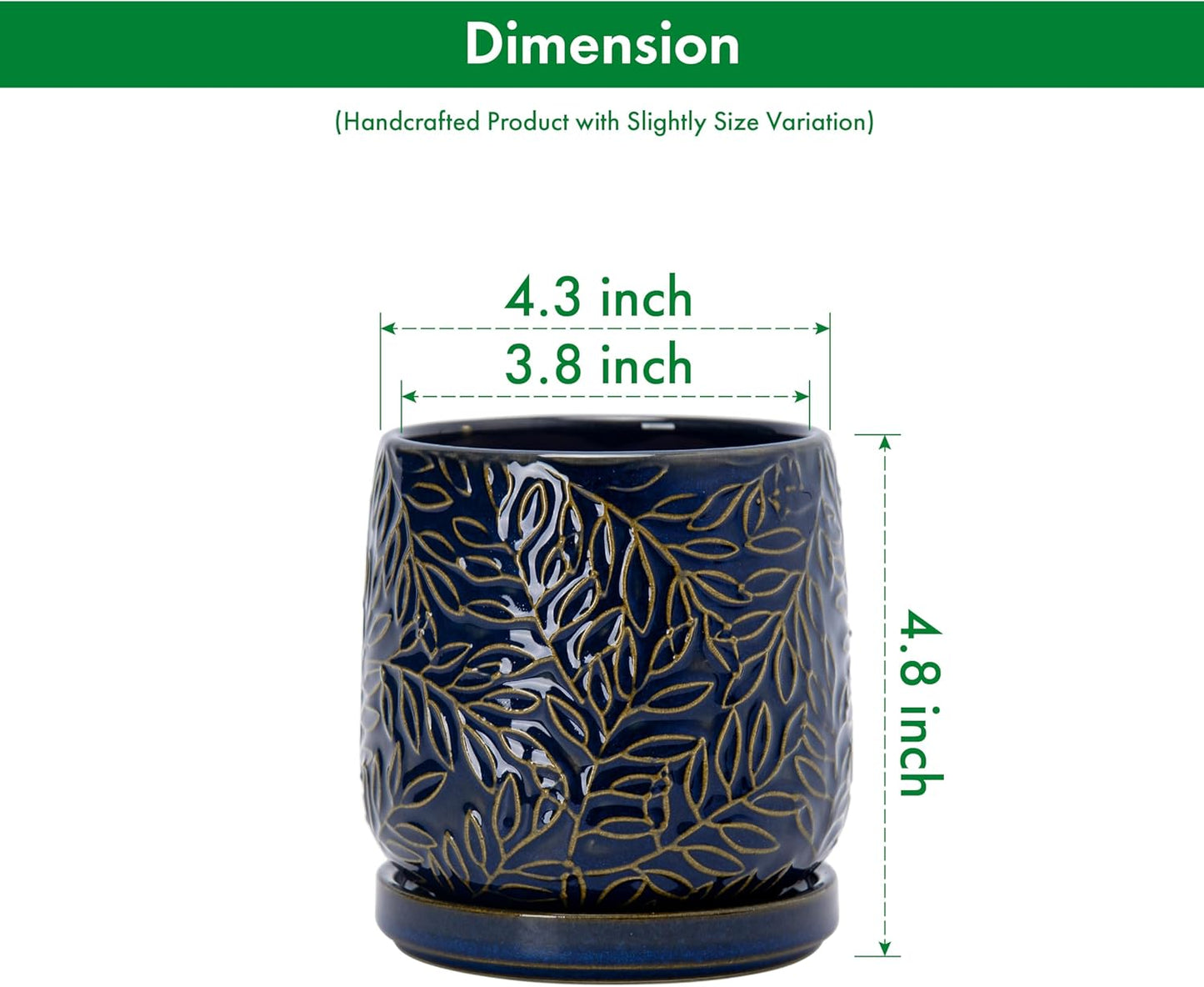 D'vine Dev 4 Inch Embossed Leaves Stoneware Planter Pot with Drainage Hole and Saucer, Midnight Blue, Set of 2, 27-F-Z-3
