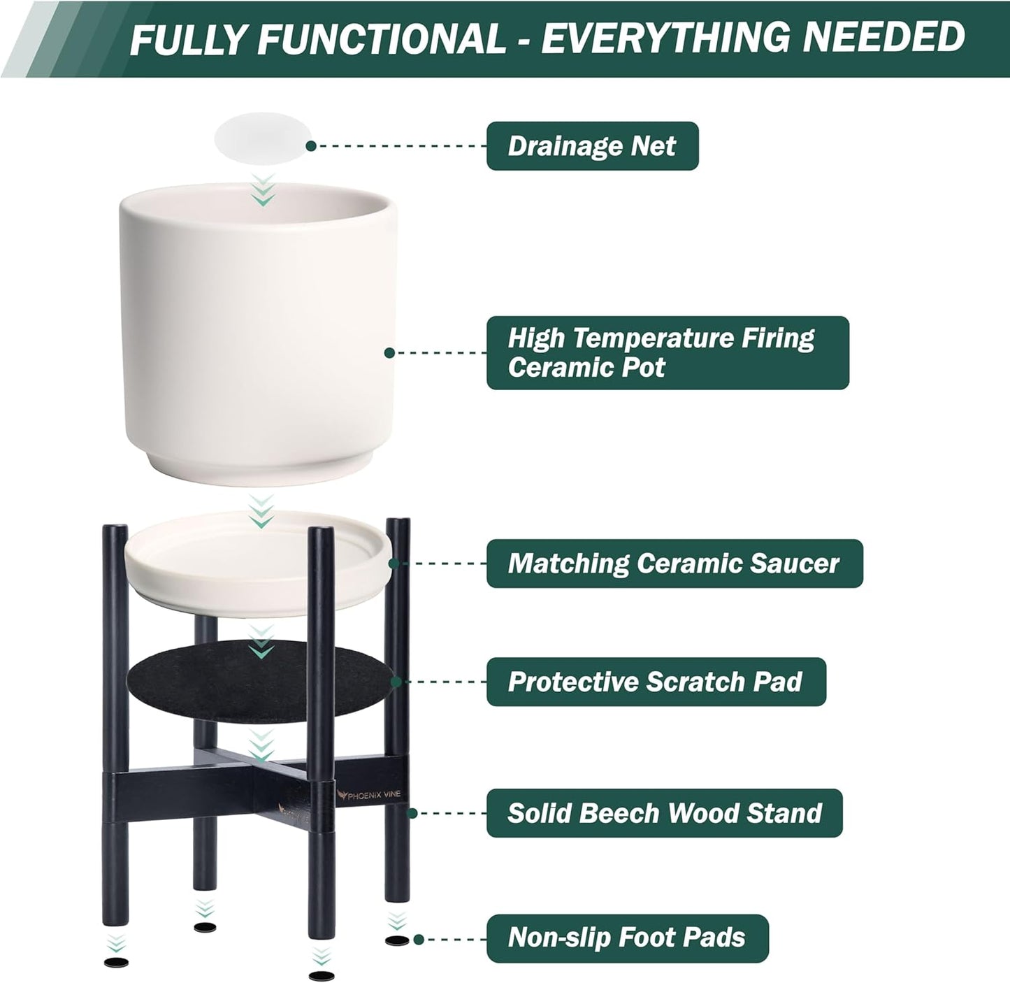D'vine Dev Ceramic Planter with Ebony Stand - 12 Inch Modern Round Flower Pot with Wood Planter Holder, Oatmeal, 55-B-H-8