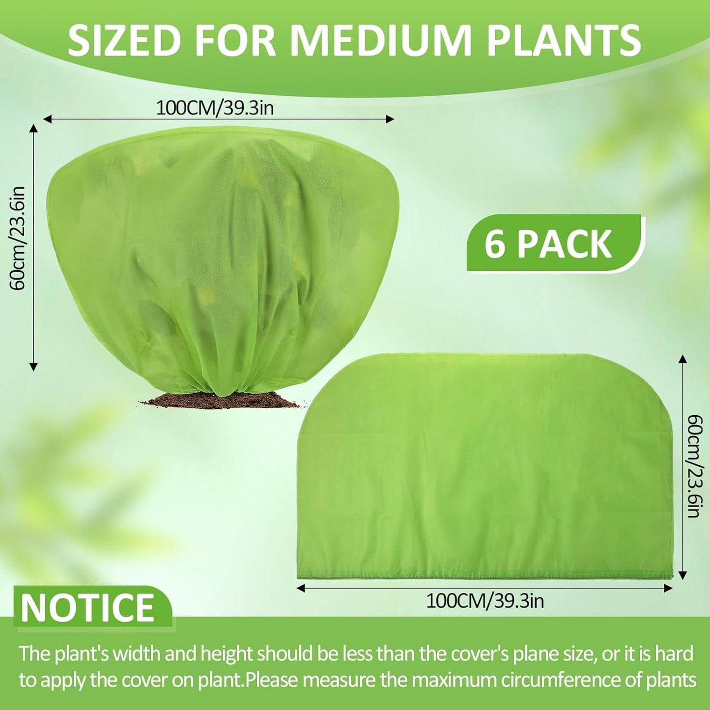 6 Pcs Winter Plant Covers Freeze Protection 39.4x23.6 Inch Horizontal Shrub Tree Rose Plant Protection Bags Frost Blanket with Drawstring for Fall Winter Outdoor Garden Planting (Green)