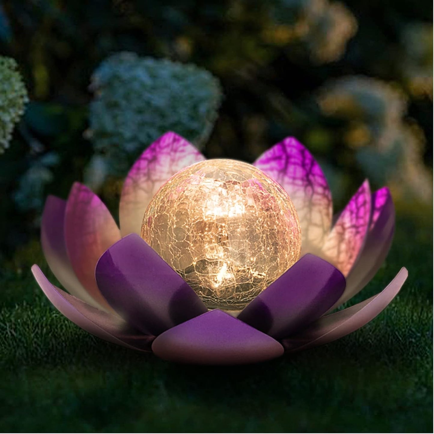 Huaxu Solar Lights Outdoor Decor Purple Lotus Waterproof LED Crackle Globe Glass Metal Flower Decorations for Garden Patio Yard Porch Pathway Ground Tabletop
