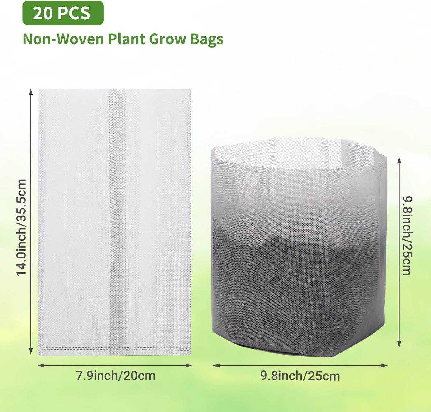 GREANER Biodegradable Plant Pots, 15.7"x14.2" Non-Woven Seedling Nursery Bags, 20-Pack Durable Garden Bags for Vegetable, Flower, Plant Grow