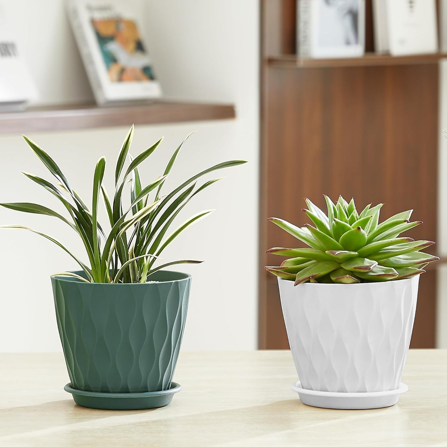 FaithLand 6-Pack 6-Inch Plastic Plant Pots with Saucers | Thickened PP Material, Modern Wave Texture, Enhanced Drainage for Indoor/Outdoor Garden Plants | White Value Set