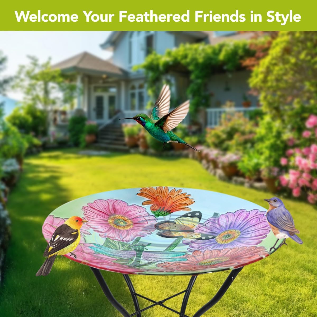 Briarwood Lane Zinnias in Bloom Glass Birdbath