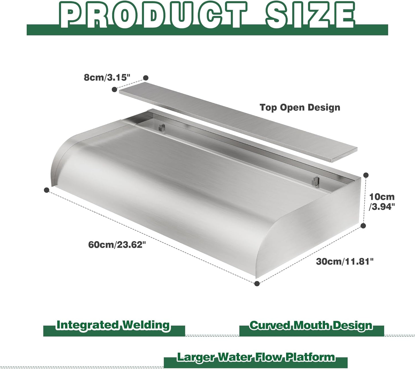 Pool Fountain Waterfall Spillway with Wider Water Flow Platform, Stainless Steel Waterfall with Pipe Connector Kits, Water Feature Spillway for Garden Decor, Patio, Ponds, 23."x11.8"x3.9"
