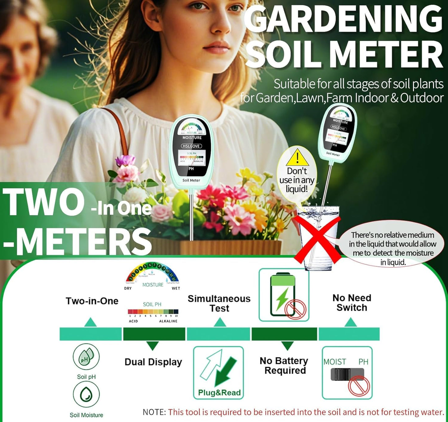 HSLGOVE Soil Test Kit, 2-in-1 Soil Moisture Meter/Soil PH Meter, Dual Screen Soil Tester, Soil Moisture Meter for Plants Watering/Gardening for Lawn,Farm Indoor&Outdoor Use-Greennew