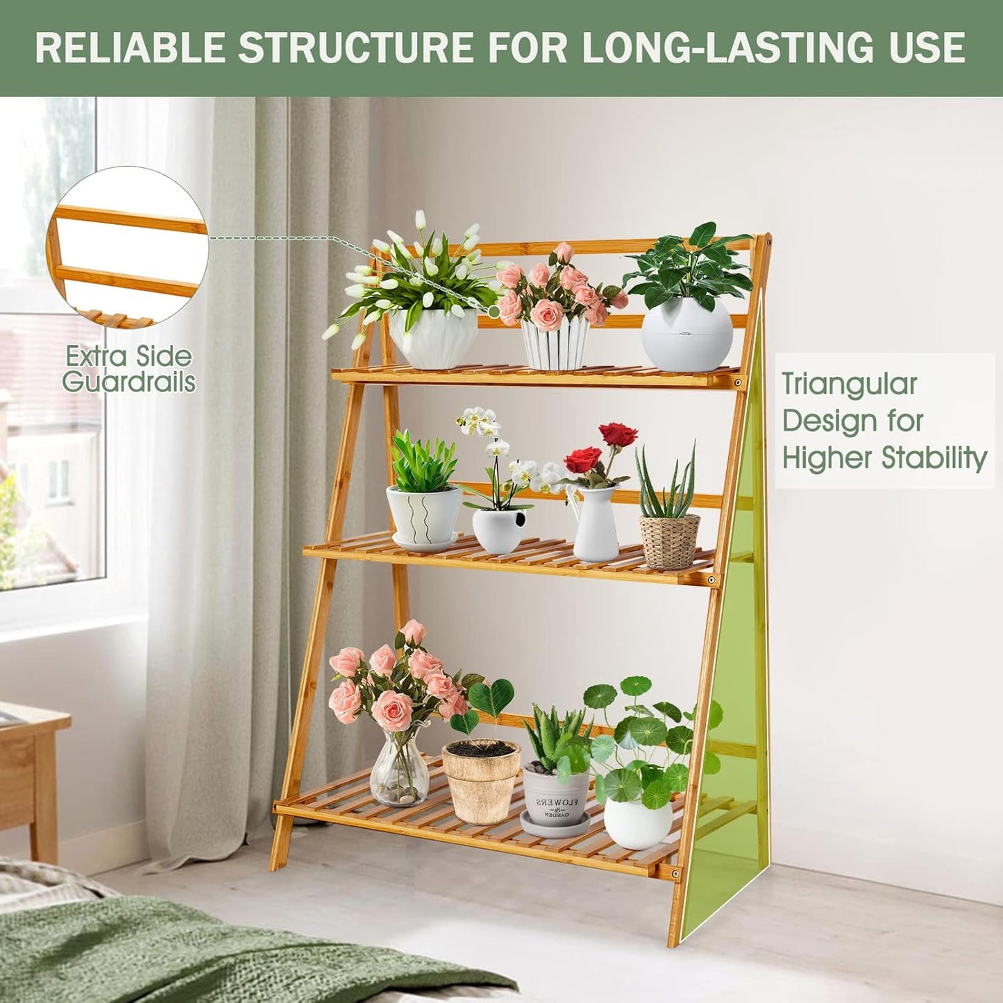 COSTWAY Bamboo Plant Stand, Foldable Multifunctional Flower Display Ladder Shelf, 3-Tier Storage Rack