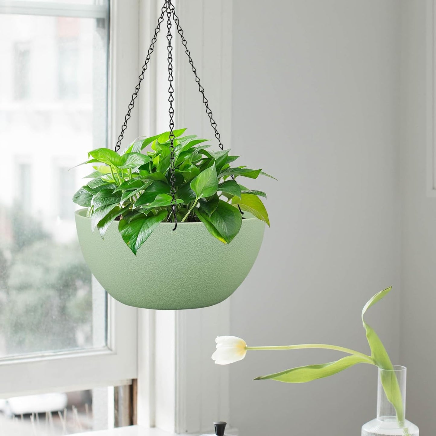 13 inch Large Hanging Planters Plant Pots for Outdoor Indoor Plants with Drainage Holes and Chain, 2 Pack Round Hanging Flower Pots for Garden Home Porch Decor, Green