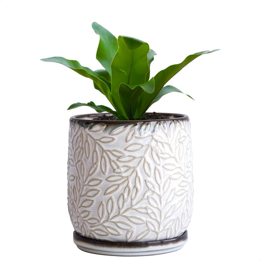 D'vine Dev 5 Inch Embossed Leaves Stoneware Planter Pot with Drainage Hole and Saucer, Smoked White, Set of 1, 27-A-V-1
