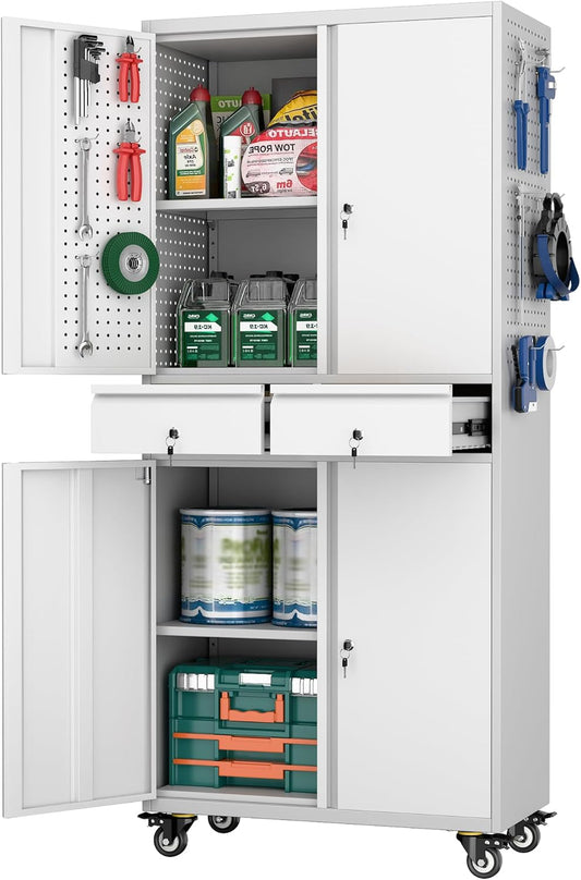 Garage Storage Cabinet with Wheels, Metal Storage Cabinet with 2 Drawers and 2 Adjustable Shelves, Metal Lockers with Pegboards for Homes, Offices, Kitchens, and Pantries, Gray and White