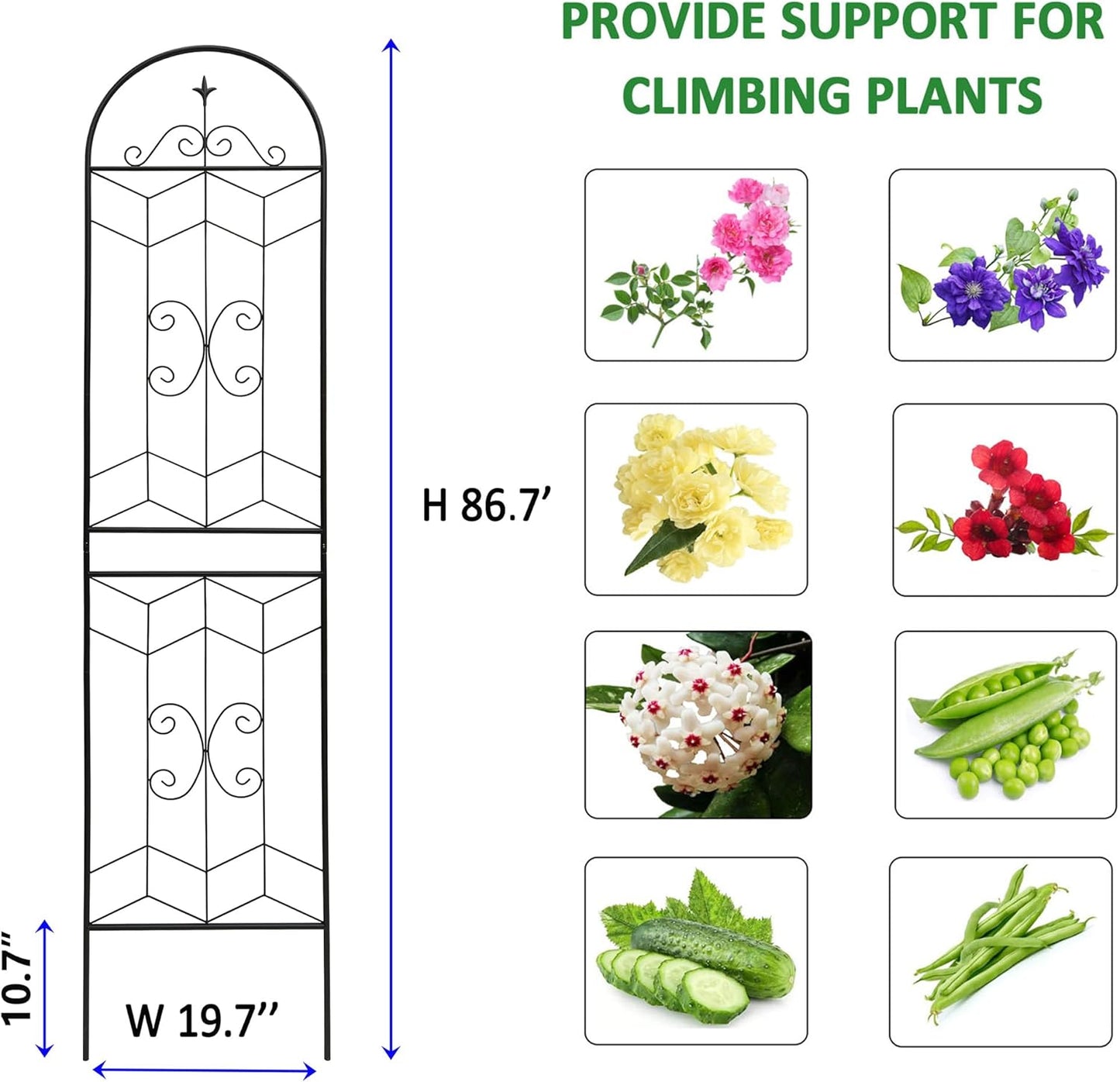 4 Pack Metal Garden Trellis 86.7" Tall Outdoor Climbing Plant Support for Roses, Flowers, Rustproof Durable Black Galvanized Tube, Lawn Garden Fence Decor Screen (4, Castle-86.7" H)