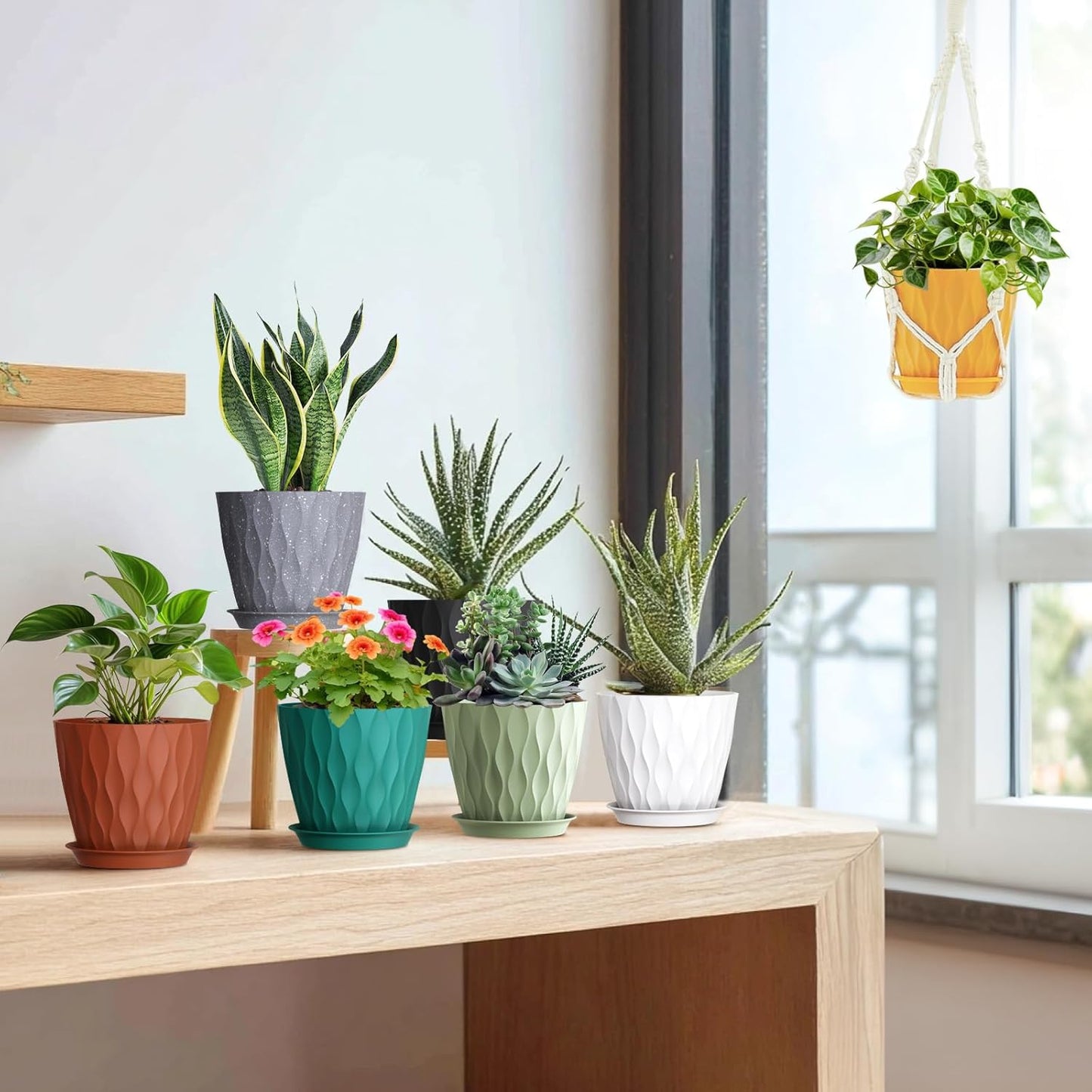 7 inch Plant Pots for Indoor Outdoor Plants, 5 Pack Thick Nursery Pots with Drainage Holes and Saucers, 3D Modern Wave Texture Plastic Planter Pots for Flowers and House Plants, White