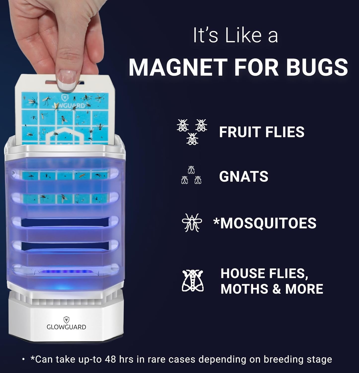 GlowGuard Cordless Flying Insect Trap Catches Fruit Flies, Indoor Gnat Killer, Magnet for Moths & Mosquitos in Dark, 1 Rechargeable Bug Trap + 4 Dual-Sided Sticky Pad Refills, 30hr Battery (White)