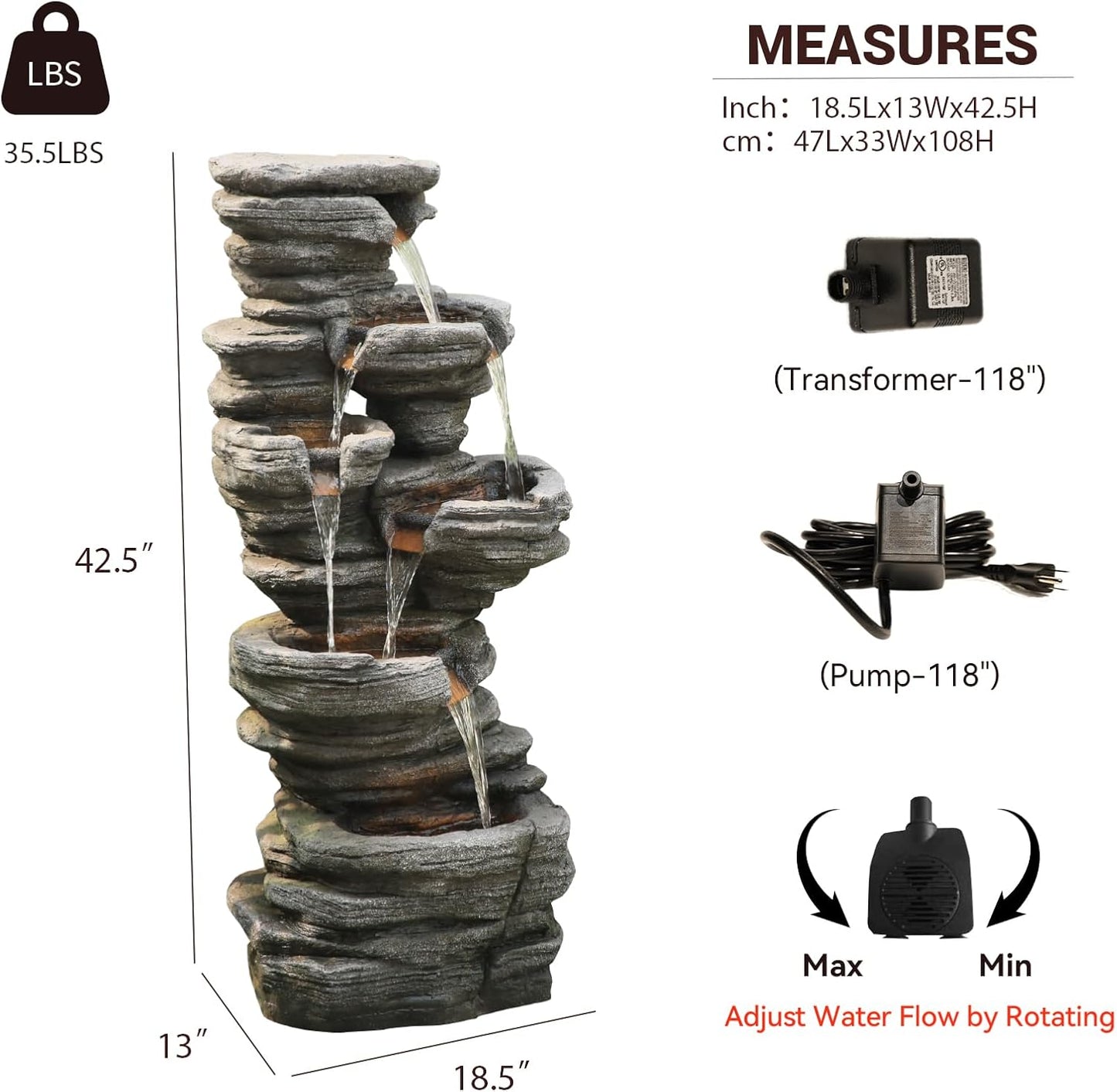 42.5" H Garden Outdoor Water Fountain with LED Lights & Pump, Mutiply-Tier Cascading Outdoor Fountain Suitable for Garden/Patio/Yard/Deck/Balcony and Home Art Decor（Resin）