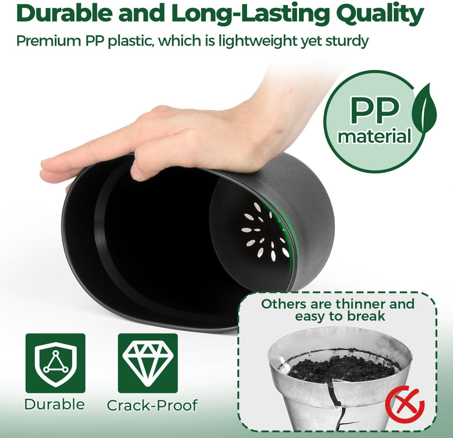 T4U 6 Inch Plant Pot 8-Pack, Plastic Planter with Drainage Hole and Saucer, Decorative Nursery Pots Bulk for African Violet, Snake Plant, Succulent, Herb and Plants Indoor (8 Pcs 6" Pots, Black)