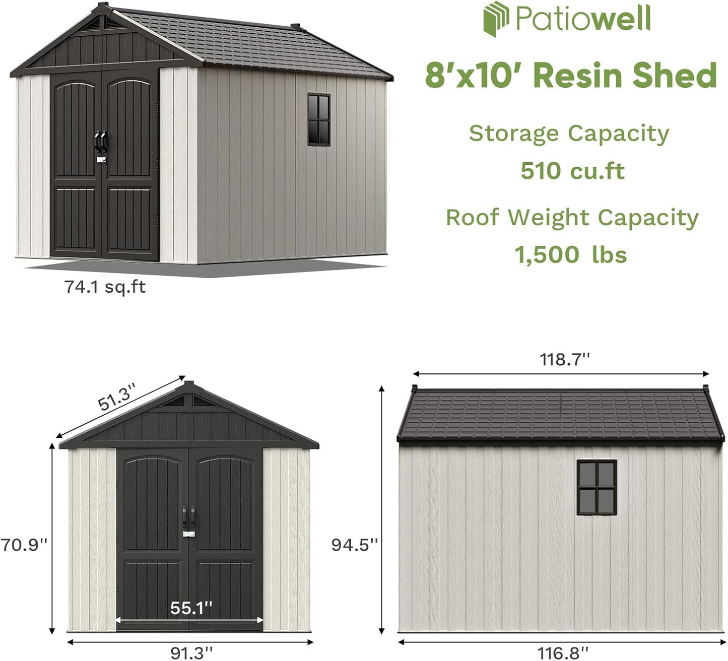 Patiowell 8 x 10 FT Resin Outdoor Storage Shed with Floor, Plastic Shed with Window and Lockable Door for Garden, Backyard, Tool Storage Use, Easy to Install in Beige (Kick-it Shed)