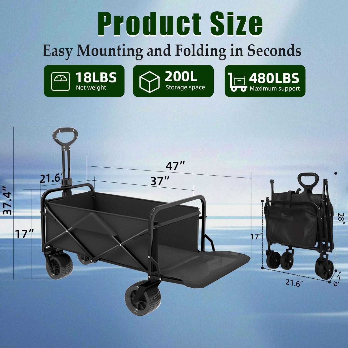 Collapsible Wagon Cart Foldable with Tailgate, 47" L 480lbs Capacity, Heavy Duty Beach Wagon with Wheels Brake, Shopping Carts for Grocery, Camping, Beach, Garden Cart