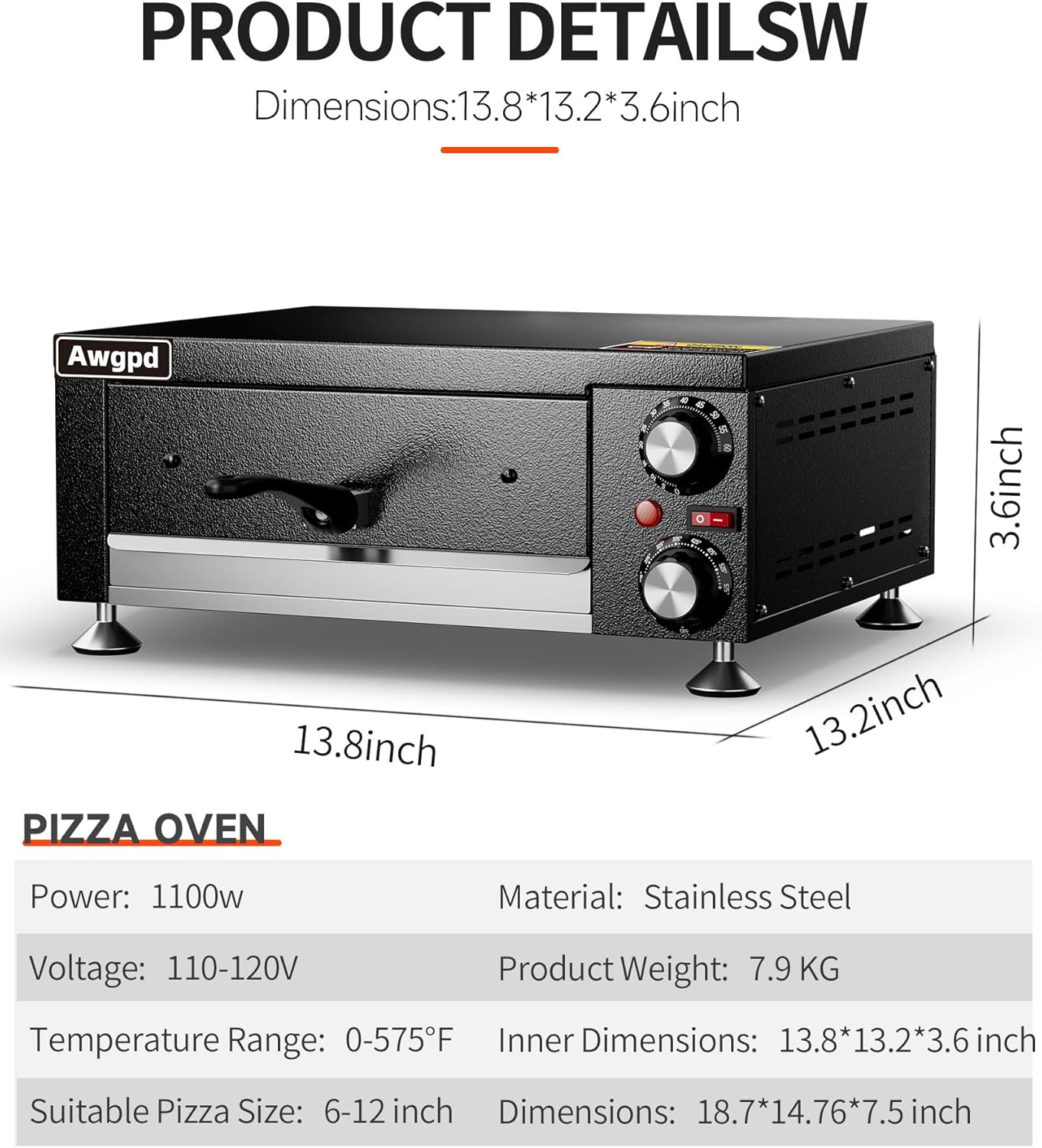 Electric Pizza Oven Indoor Countertop Pizza Oven Commercial Pizza Maker Machine for Home with Timer Stainless Steel Pizza Cooker, Suitable for Both Commercial and Home Use (Black)