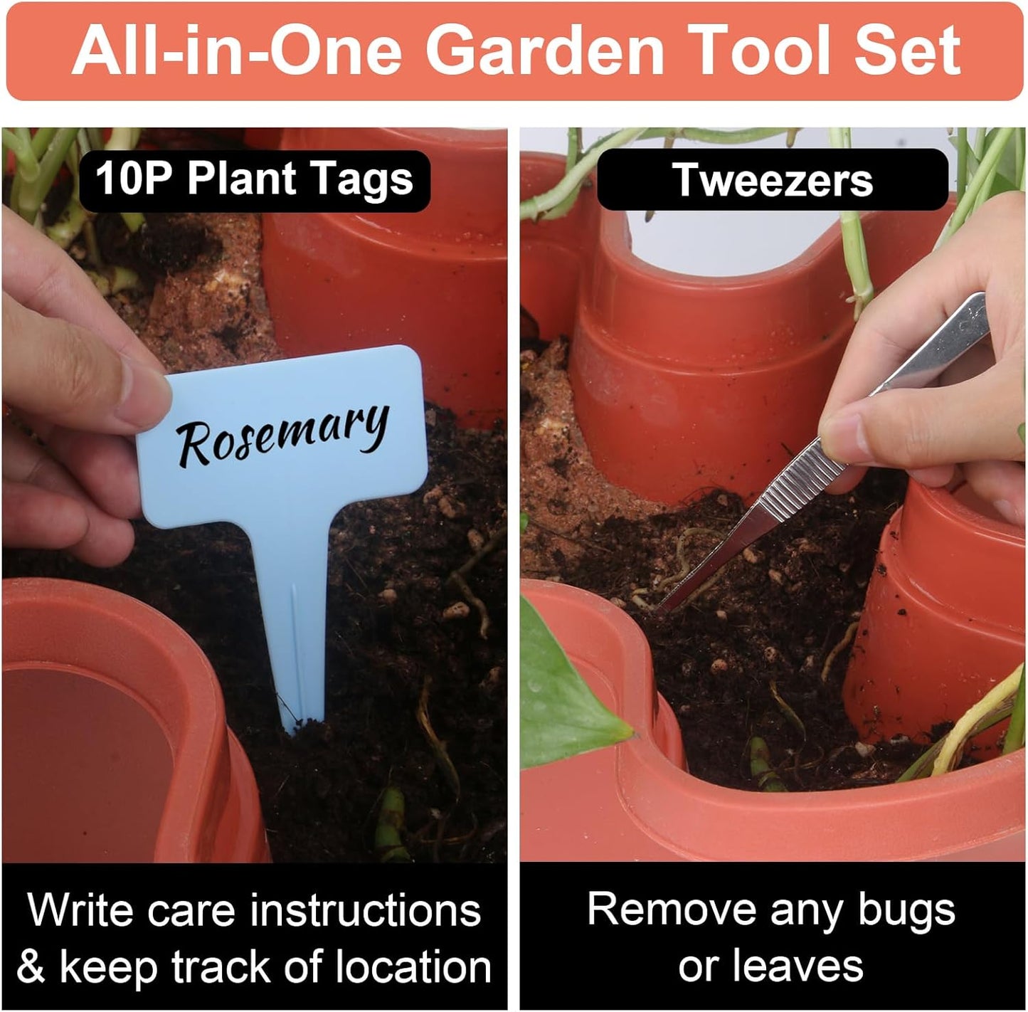 DUNCHATY Stackable Planter, Vertical Strawberry Planter with Garen Tool Set, Self Watering Garden Planter Indoor/Outdoor 5 Tier Herb Planter Pots for Growing Vegetables and Succulents, Clay Red