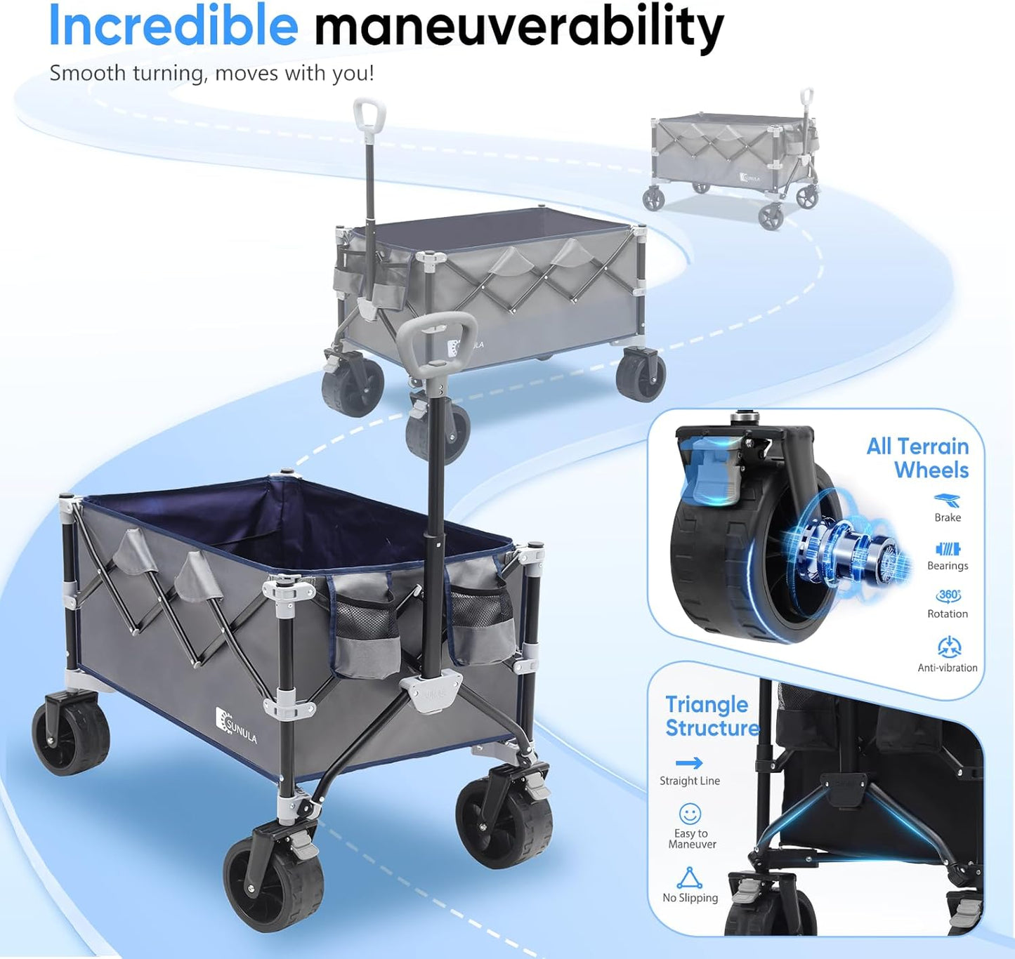 Collapsible Wagon Cart with 440lbs Weight Capacity, Heavy Duty Foldable Wagon with Big All-Terrain Wheels & Drink Holders, Utility Carts for Camping, Garden, Outdoor, Grocery, Sports. Gray