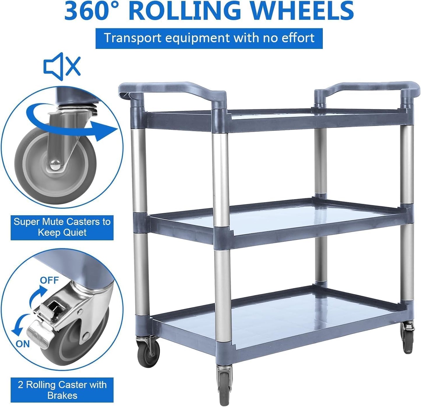 3-Tier Rolling Utility Cart with Wheels – Heavy Duty Plastic 3-Shelf Push Cart for Commercial, Restaurant, Foodservice, Office & Kitchen | Grey Service Cart