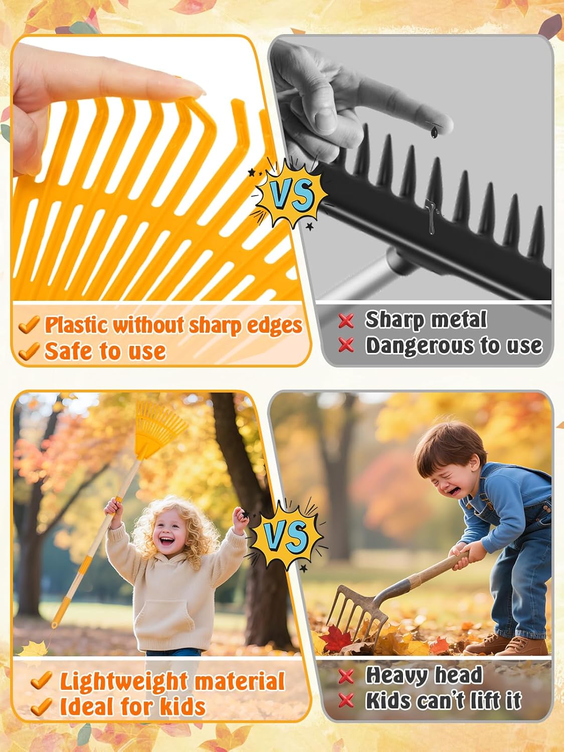 Acostop 2 Pcs Kids Rakes with Wood Handle - 34" Lightweight Plastic Garden Rake for Leaves, Safe to Use Kid Yard Tools for Boys Girls Fall Gardening Gifts (Yellow)