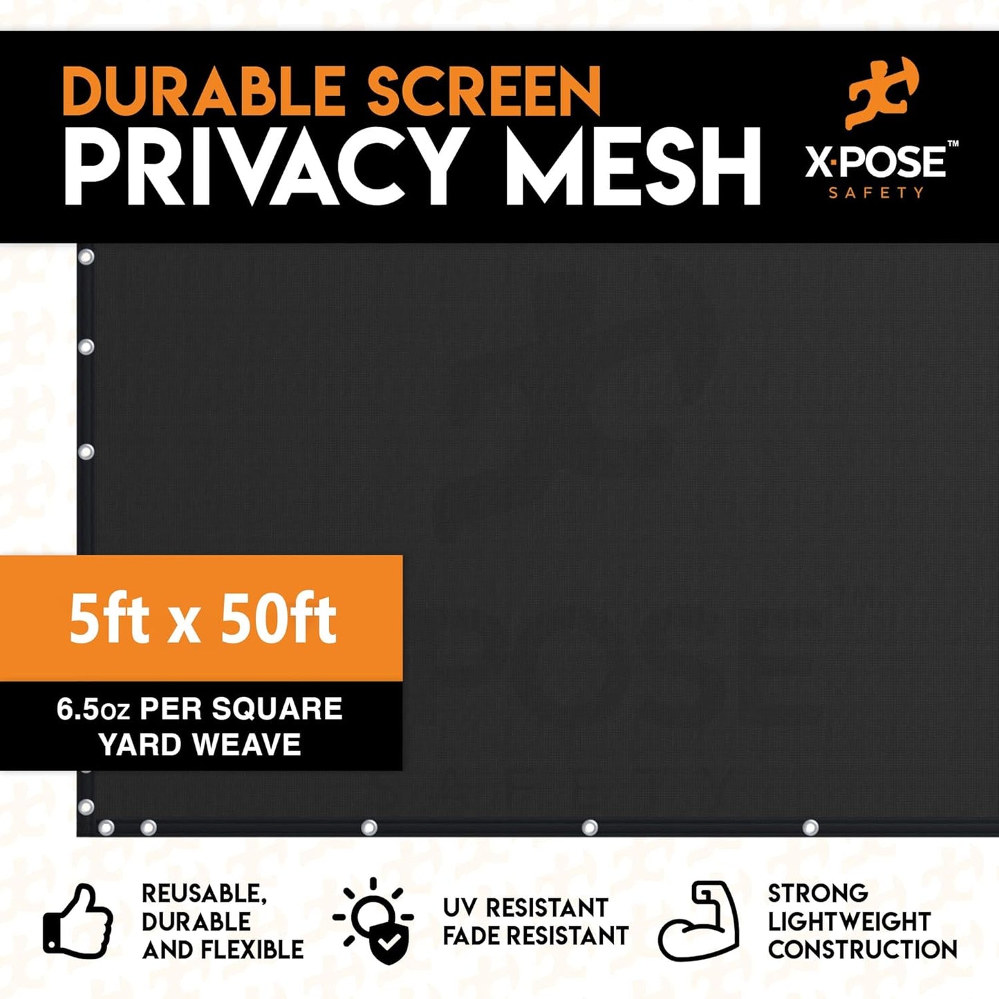 Xpose Safety Privacy Fence Screen 5’ x 50’ – Heavy Duty Black Mesh with 90% Visibility Block, UV Protection – Includes Cable Ties – for Garden, Yard, Nursery, Kennel, Dog Run, Greenhouse