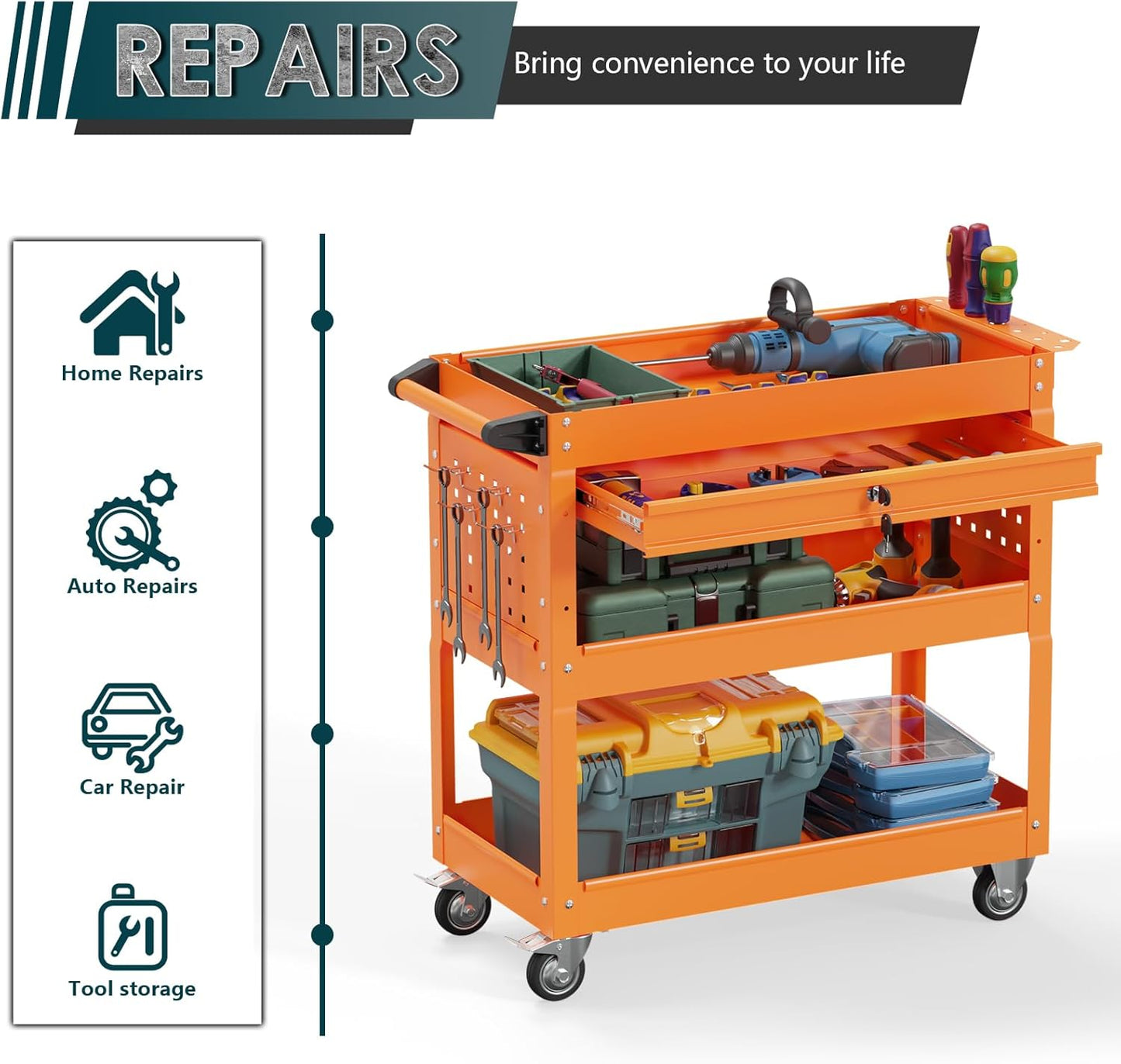 3 Tier Rolling Tool Cart on Wheels with Locking Drawer - Metal Service Cart Industrial Utility Cart for Mechanic - 350 LBS Mobile Storage Organizer for Garage, (Orange)