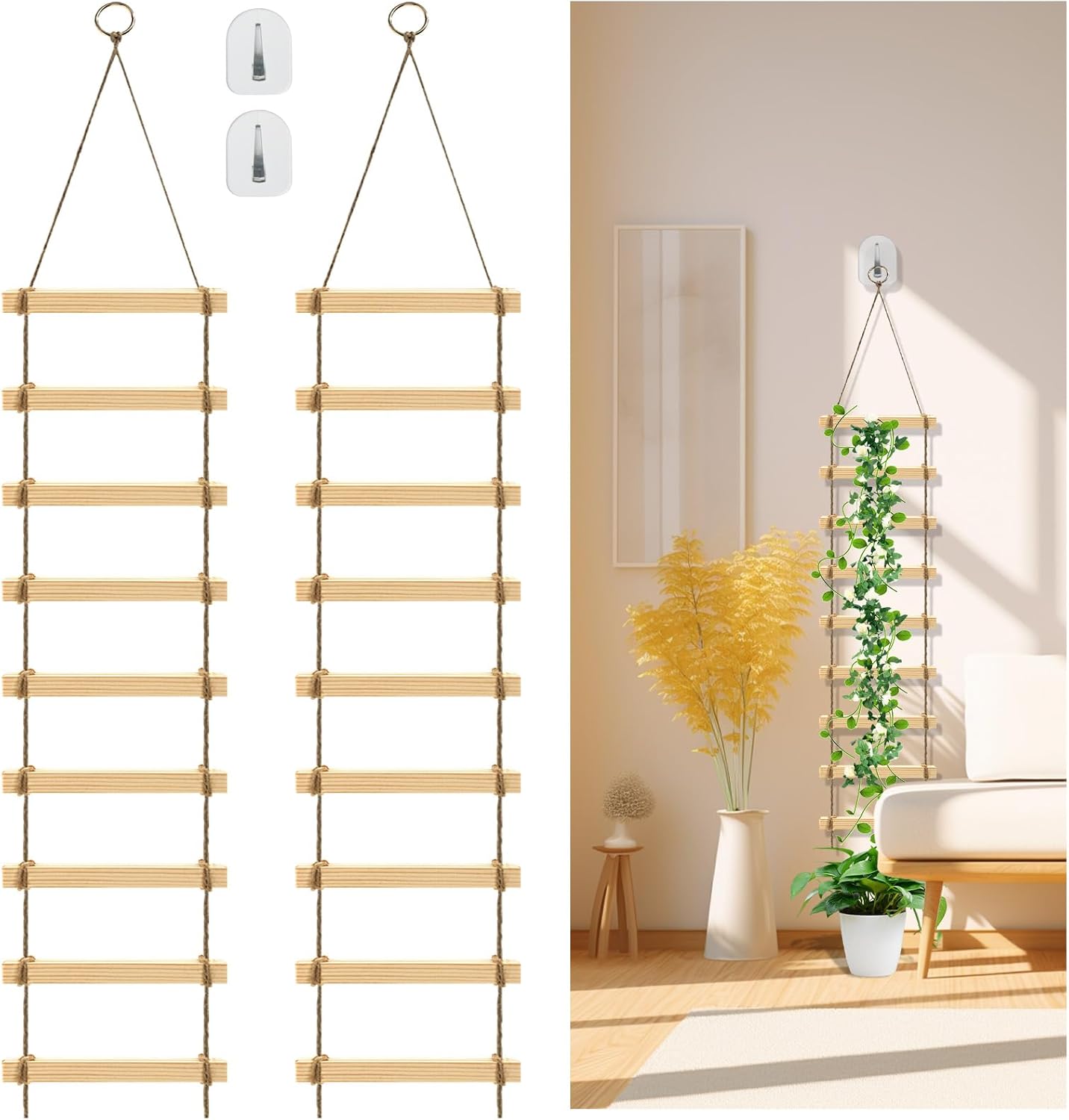 2Pcs Climbing Plants Ladder Support for Indoor & Outdoor- 4.3 ft Wood Ladder Design Plant Trellis, Reliable Garden Support for Vines & Climbers and More, Easy to Install, Home Deocr