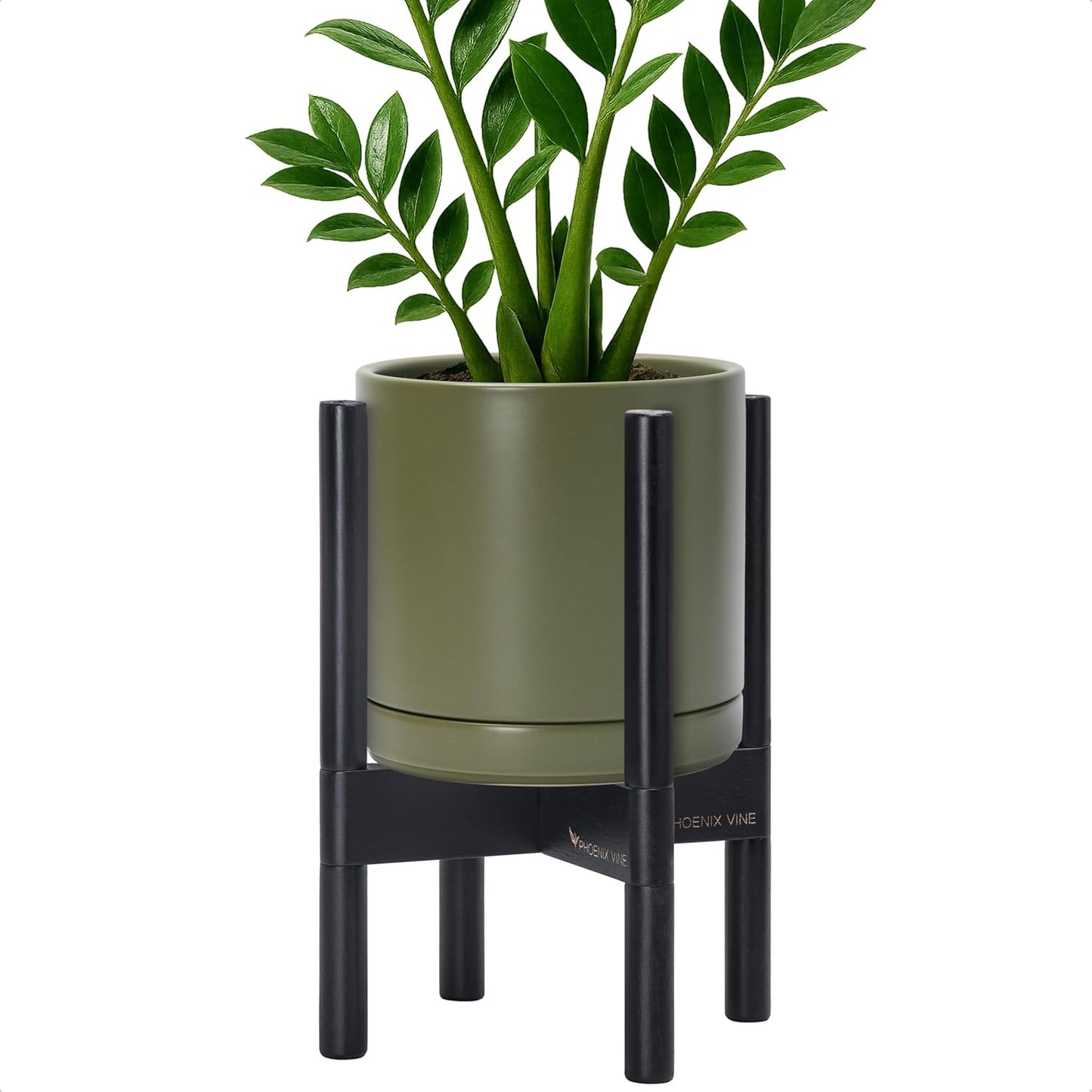 D'vine Dev Ceramic Planter with Ebony Stand - 8 Inch Modern Round Flower Pot with Wood Planter Holder, Olive, 55-B-M-J