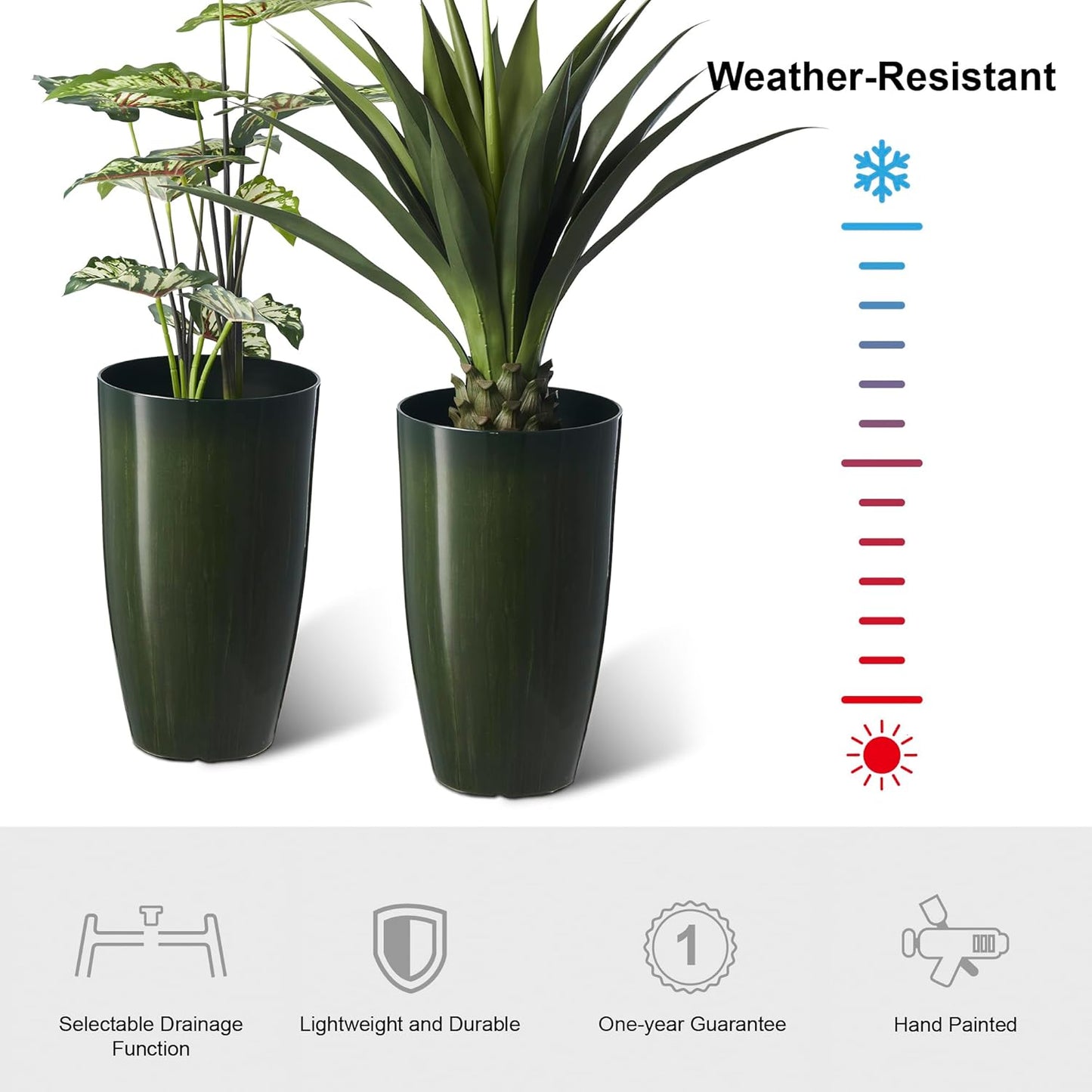 Glitzhome 23.5" H Large Tall Planter for Outdoor Plants,Set of 2 Plastic Tall Planters with Drainage Holes,Round Tapered Faux Ceramic Gradient Green Flower Tree Pots for Porch Patio Indoor Outdoor