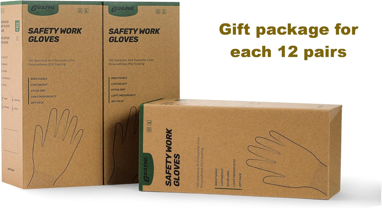 DULFINE Safety Work Gloves PU Coated-12 Pairs,Blue Seamless Knit Glove with Polyurethane Coated Smooth Grip on Palm & Fingers, for Men and Women, Ideal for General Duty Work (Medium)