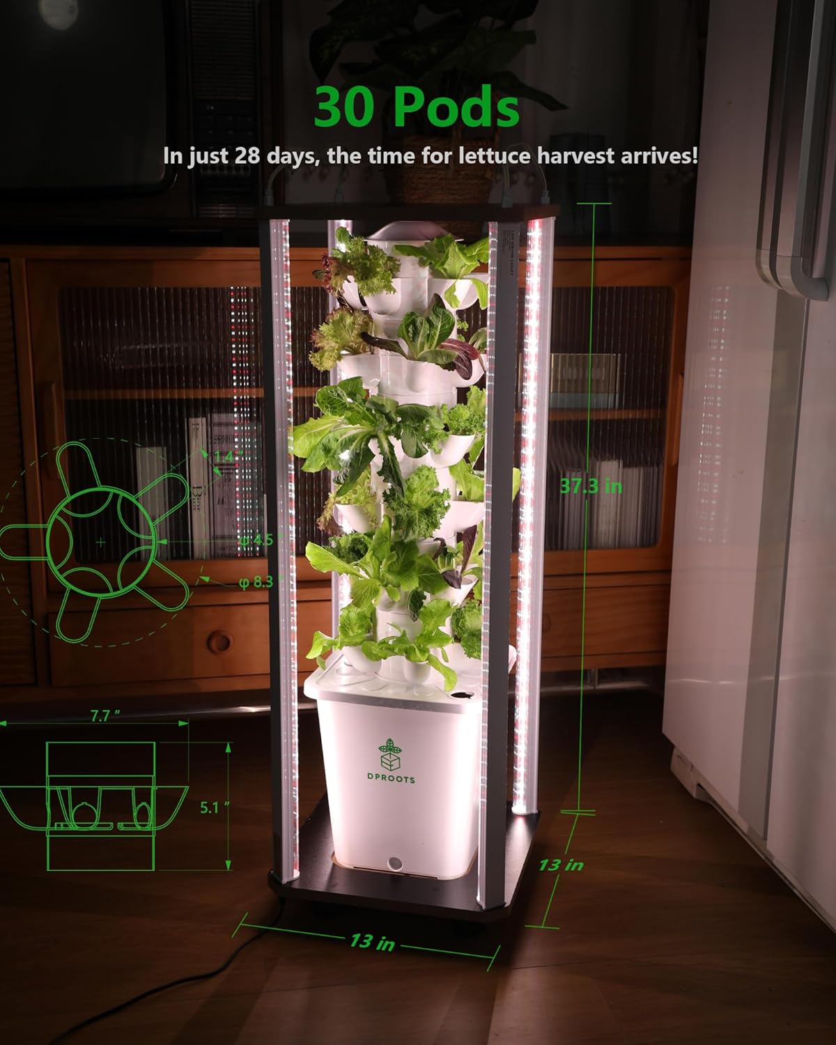 Hydroponic Tower Growing System Kits，30 Pods Vertical Indoor Garden，360° Full-Spectrum Lighs, Automatic Water Circulation System，Suitable for Leafy Greens and Herbs