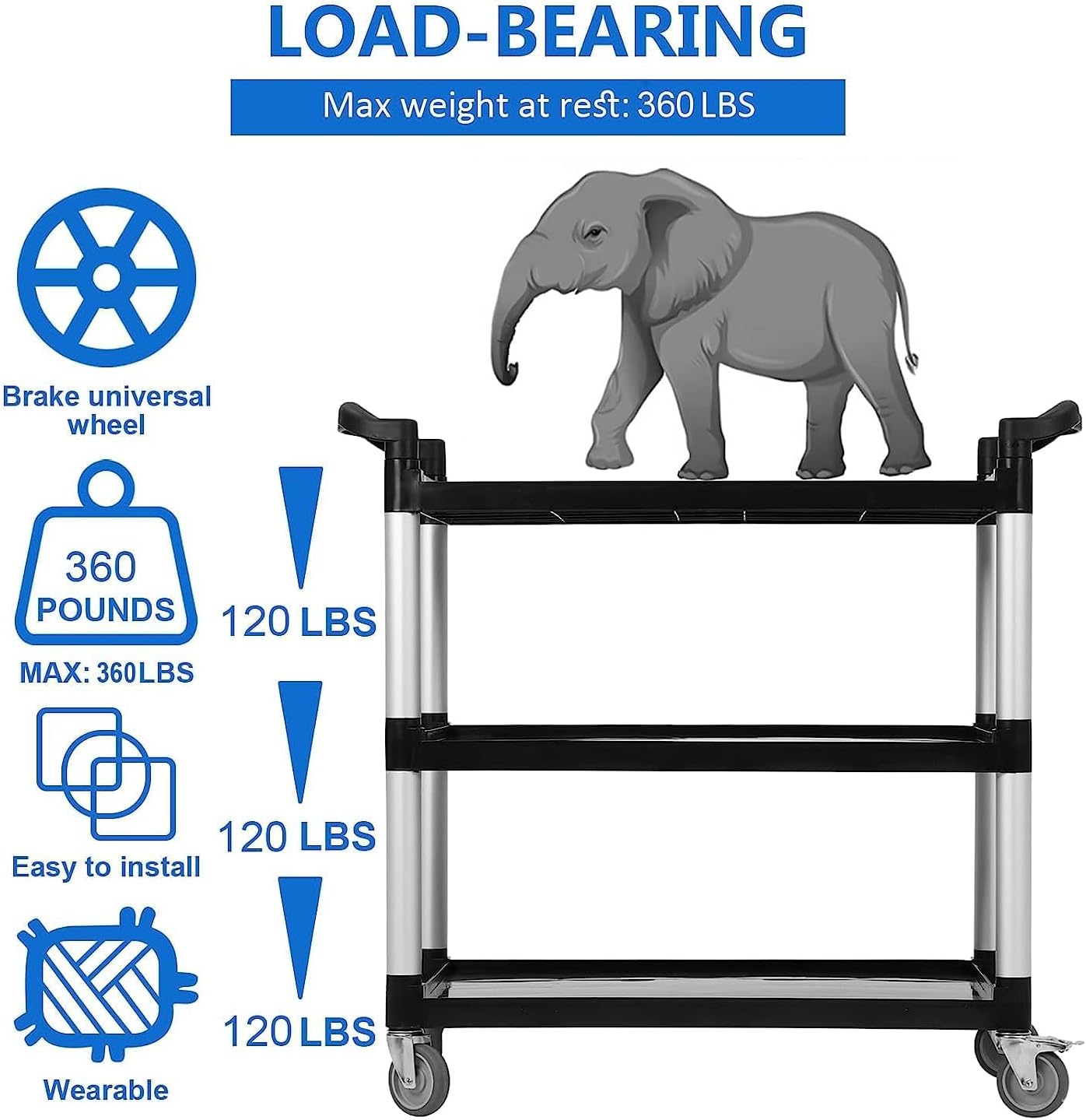 3-Shelf Heavy Duty Rolling Utility Cart 360 Lbs Capacity – 42" Wx20 Dx39 H Black Cart with Lockable 360° Swivel Wheels | Easy Maneuverability for Restaurant, Foodservice & Cleaning