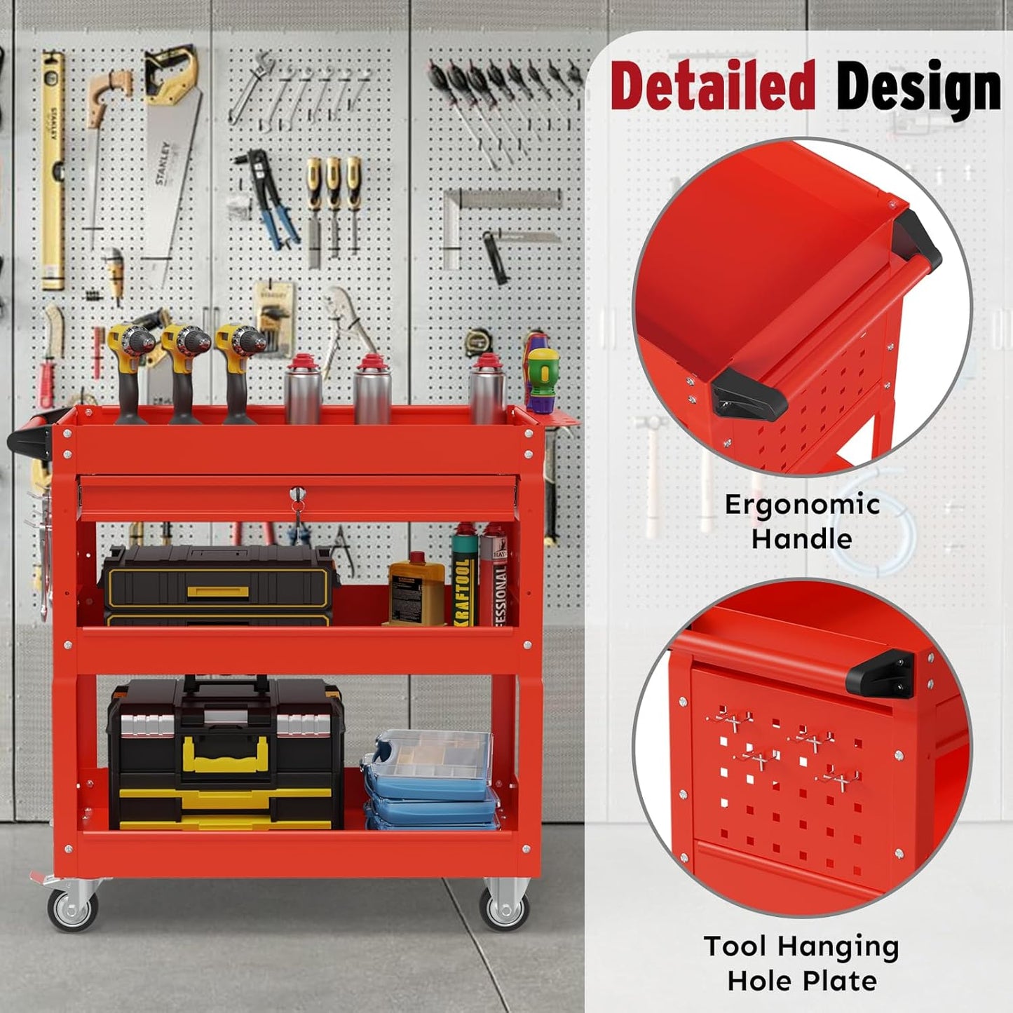 3 Tier Rolling Cart, Heavy Duty Utility Industrial Service Carts on Wheels, Metal Tool Cart with Locked Drawers, Ideal for Garage, Warehouse and Repair Shop（Red）