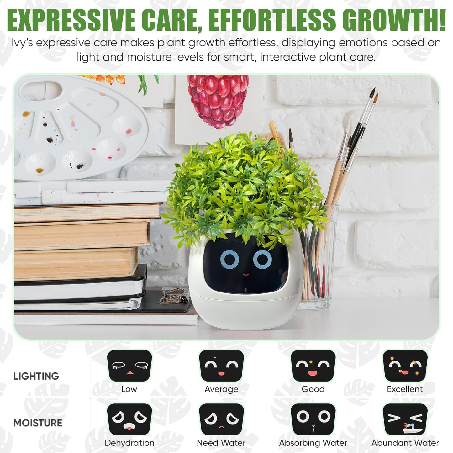 Interactive Plant Pot – Smart Planter, AI Pet Plantagotchi, tamagotchi, Leafypod and Plantiboy, Robot Flower with Feelings, Electric Maceta, Indoor Flowerpot with Water, Digital Gifts (White)