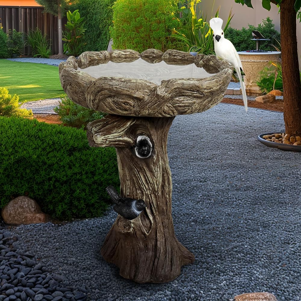 Birdbath for Outdoor Garden with a Fake Bird Decor - 23" H * 17.7" Φ Freestanding Trunk Like Bird Bath for Outside Patio or Yard Decor