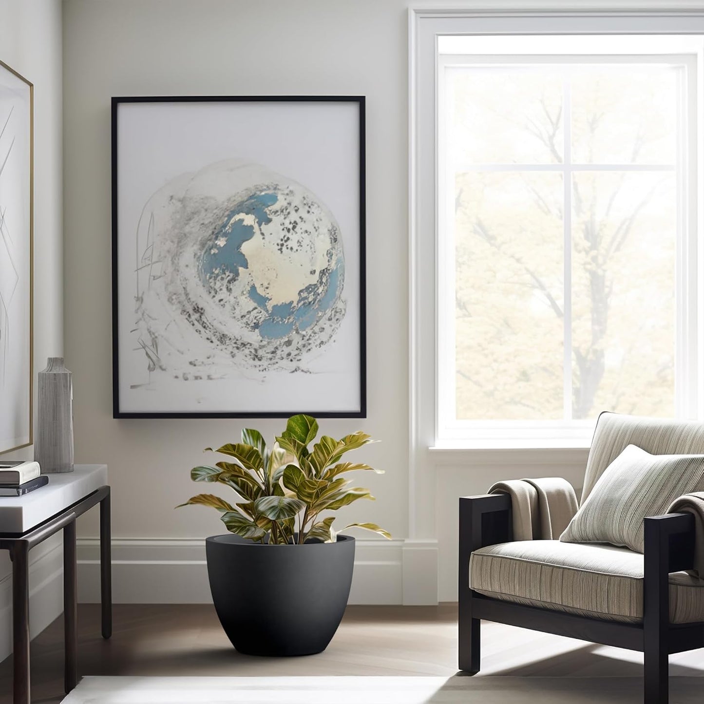 Kante 17.3 Inch Round Concrete Planter - Classic Large Indoor/Outdoor Plant Pot with Drainage Hole and Rubber Plug, Suitable for Gardens and Patios, Black