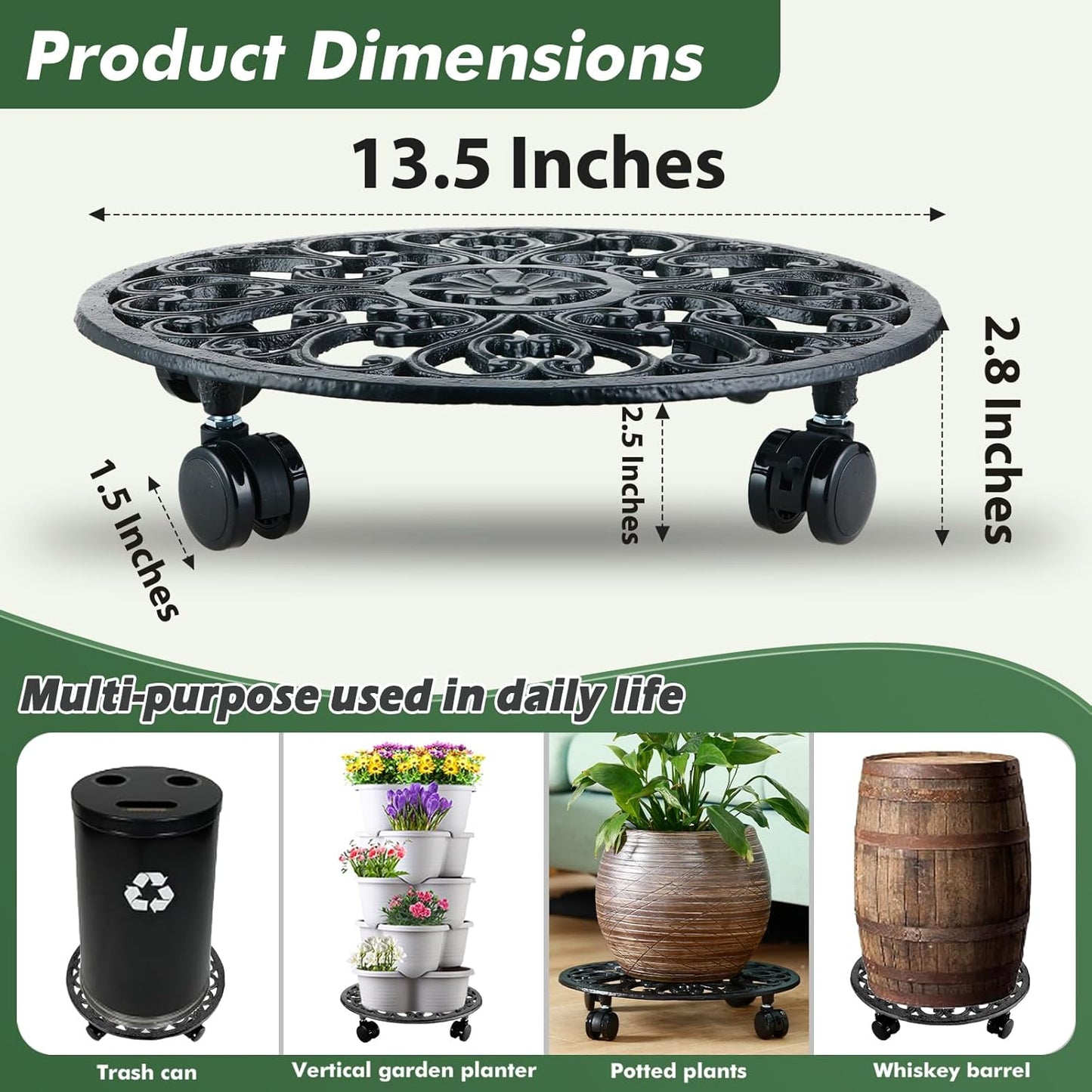 2 Packs 14 Inch Rolling Plant Stand with Wheels Metal Plant Caddy with Wheels Heavy Duty Round Plant Stand Indoor Iron Plants Rollers for Plants, Plant Dolly with Plant Saucers
