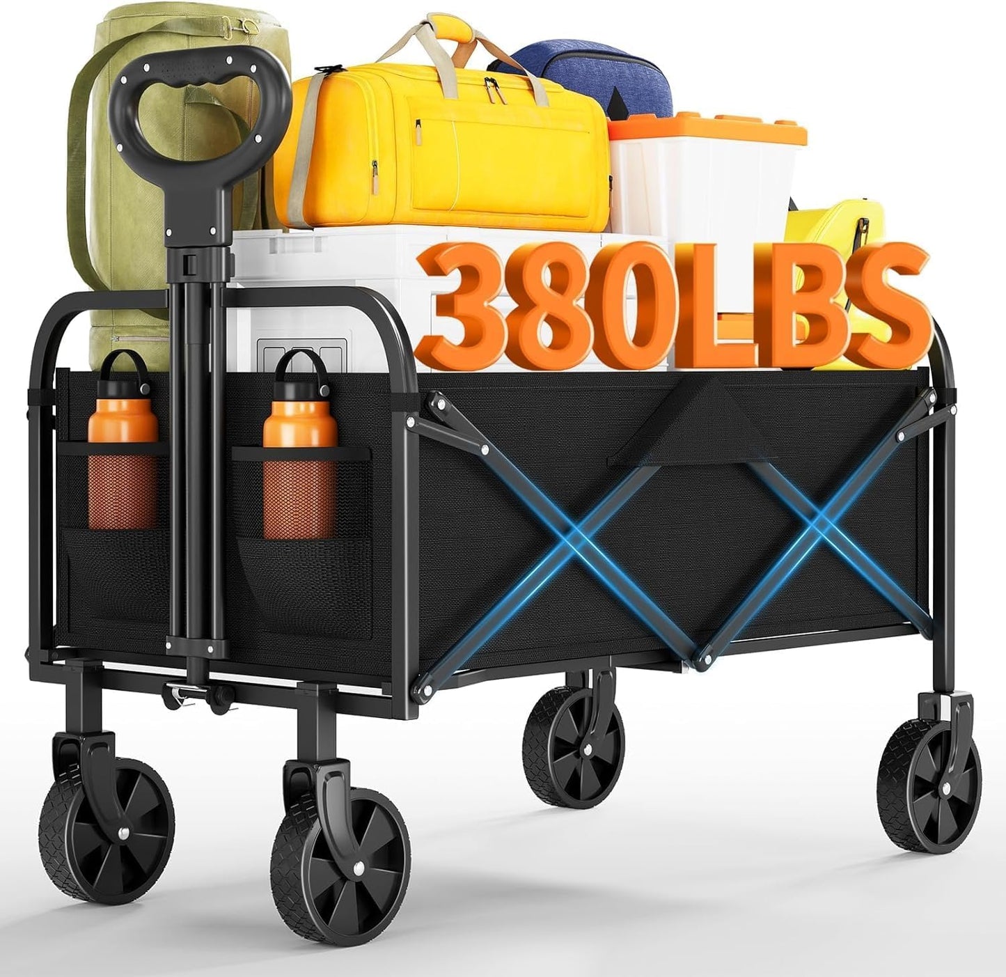 Foldable Wagon Cart, 380LBS Capacity Collapsible Wagon with All-Terrain Wheels, 220L Foldable Utility Cart & Grocery Cart on Wheels, Portable Lightweight 12LBS for Outdoor, Beach, Garden (Black)