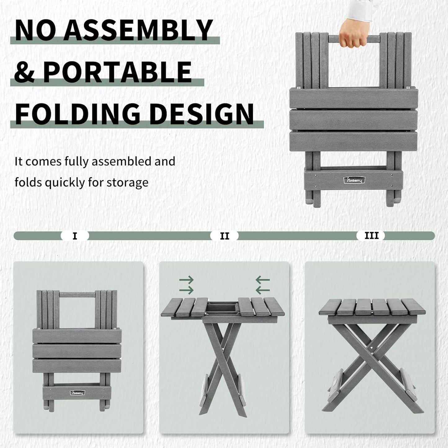 FUNBERRY Outdoor Folding Adirondack Side Table, Portable No Assembly Patio End Table HDPE All Weather
